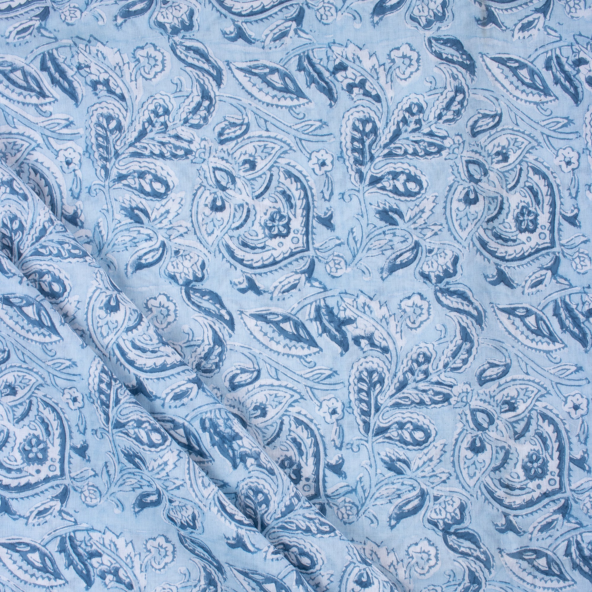 Blue Floral Block Printed Cotton Fabric