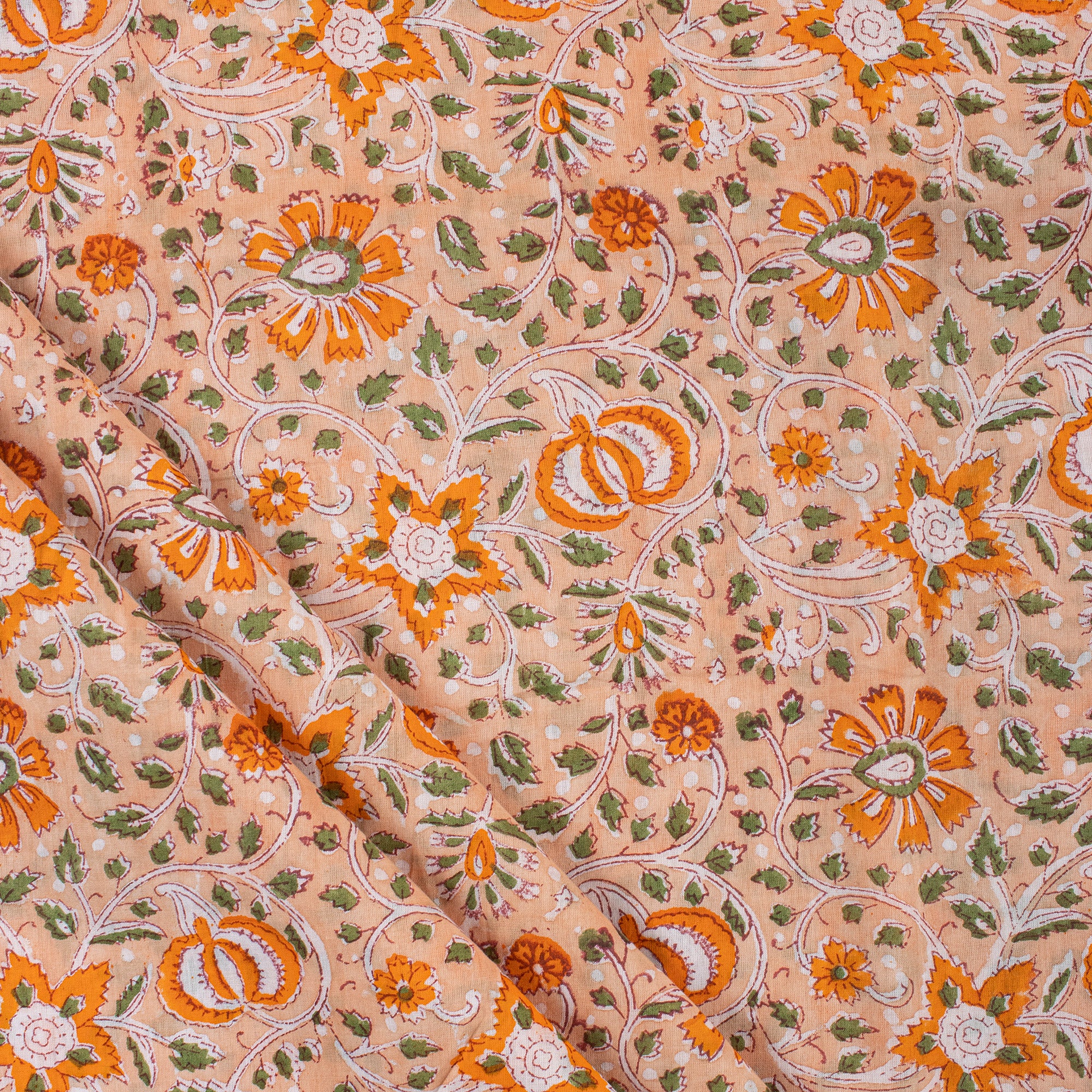 Decorative Orange Floral Hand Block Printed Fabric