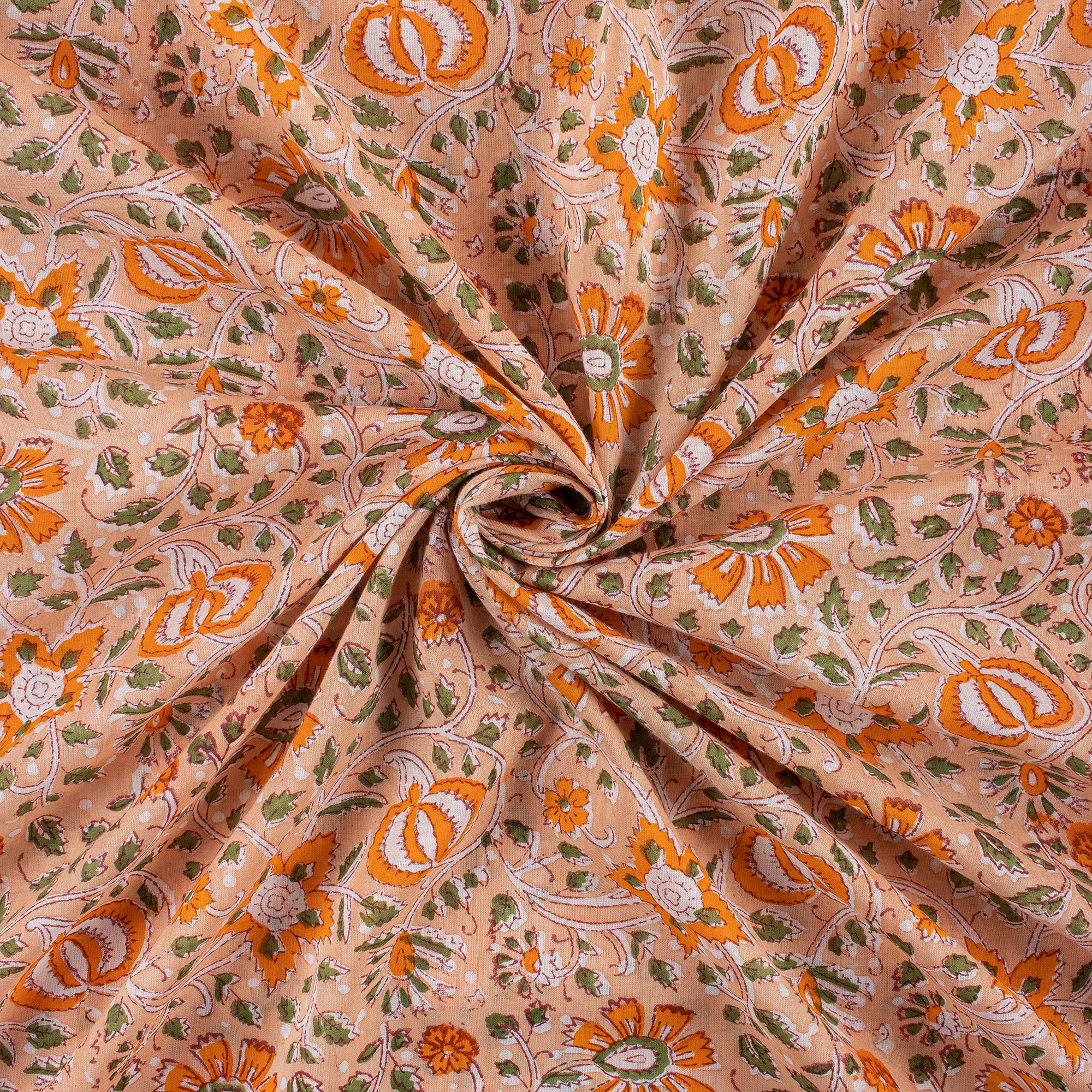 Decorative Orange Floral Hand Block Printed Fabric
