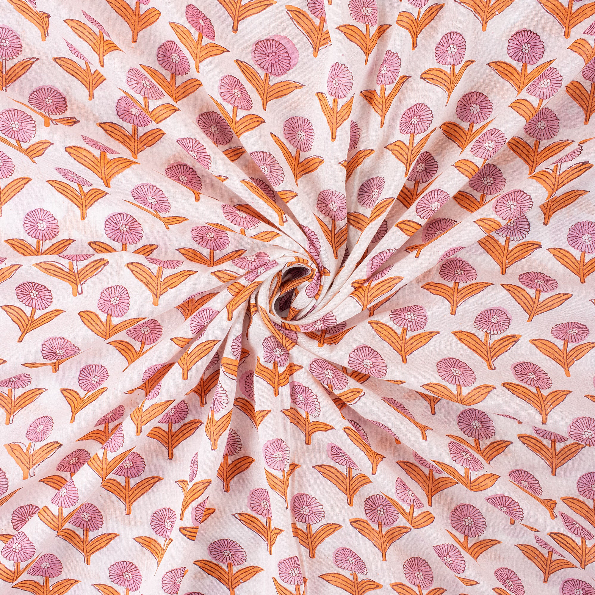 Pink Soft Floral Hand Block Printed Fabric by Yard