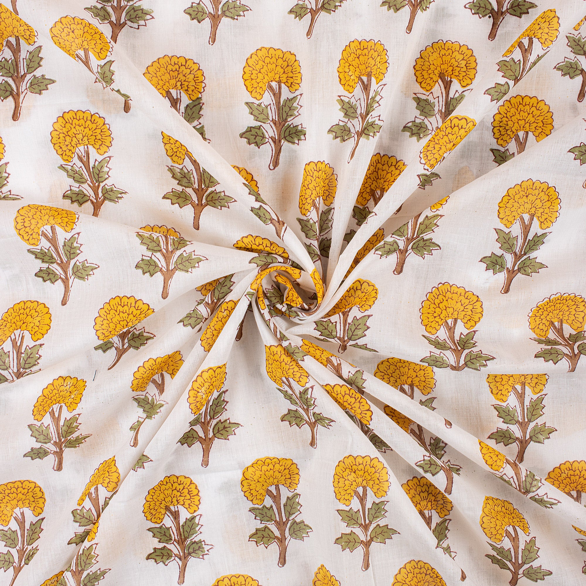 Yellow Floral Cotton Hand Block Printed Fabric Online