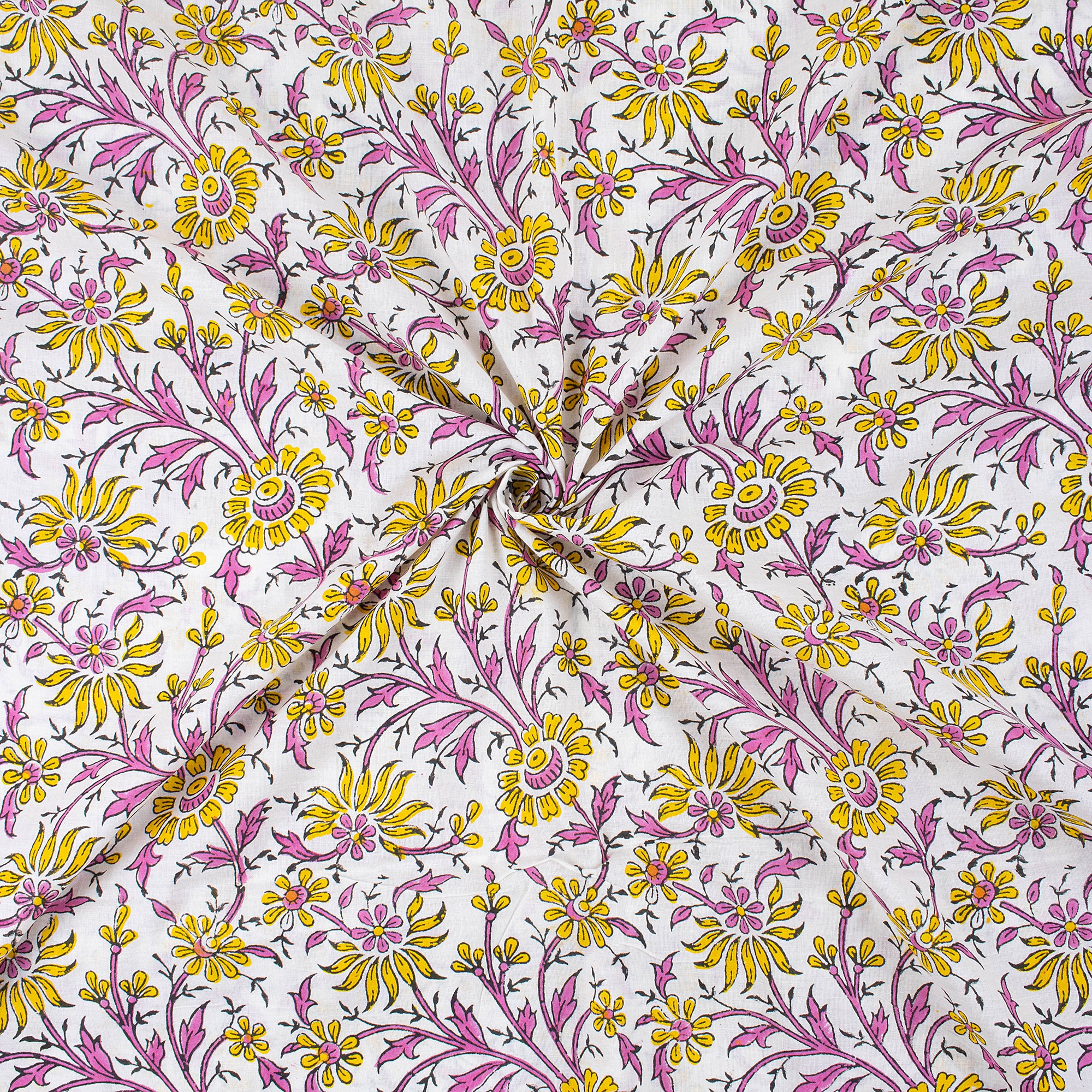 Yellow Floral Jaipuri Cotton Hand-Blocked Fabric