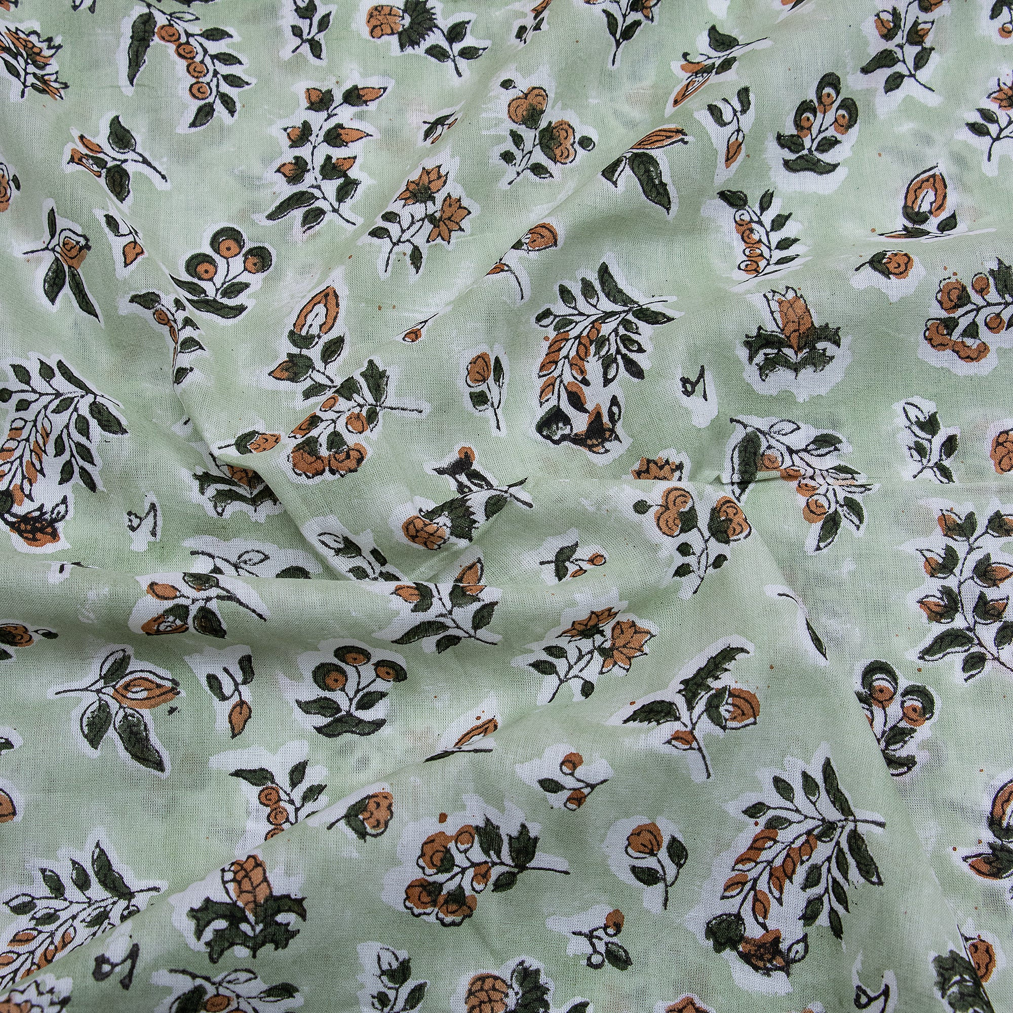 Green Floral Printed Hand Block Cotton Fabric