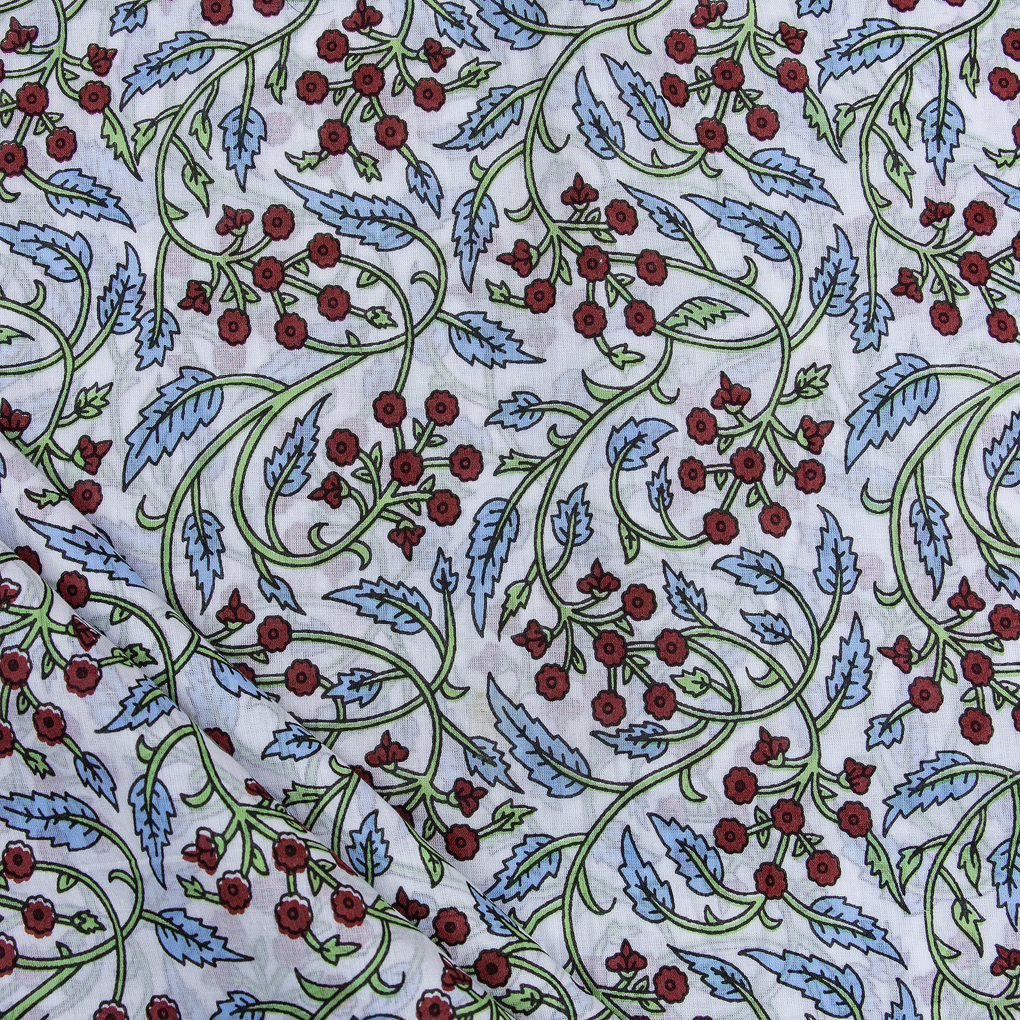 Red Floral Cotton Hand Block Print Fabric
