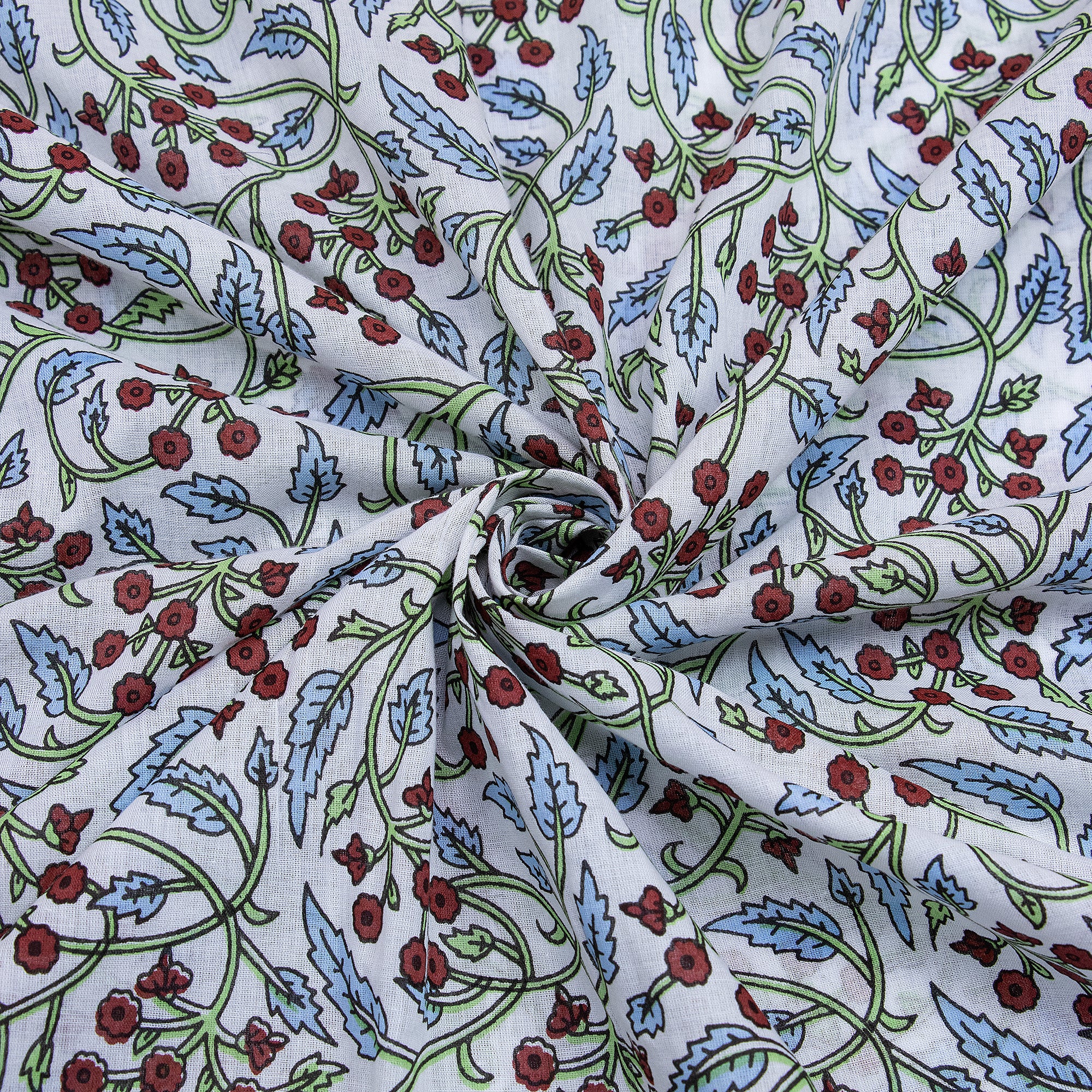 Red Floral Cotton Hand Block Print Fabric