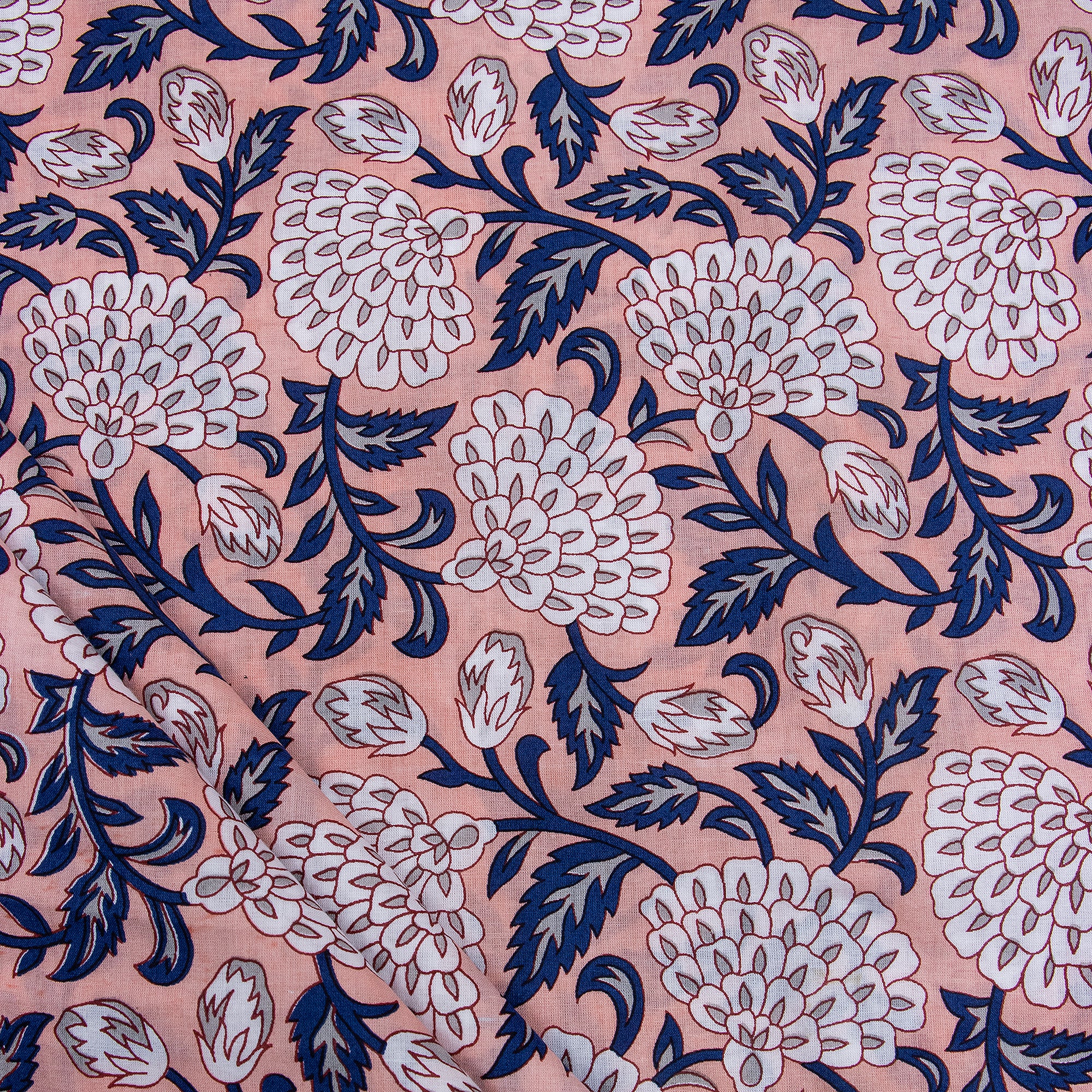 Blue Leaf Printed Hand Block Cotton Fabric