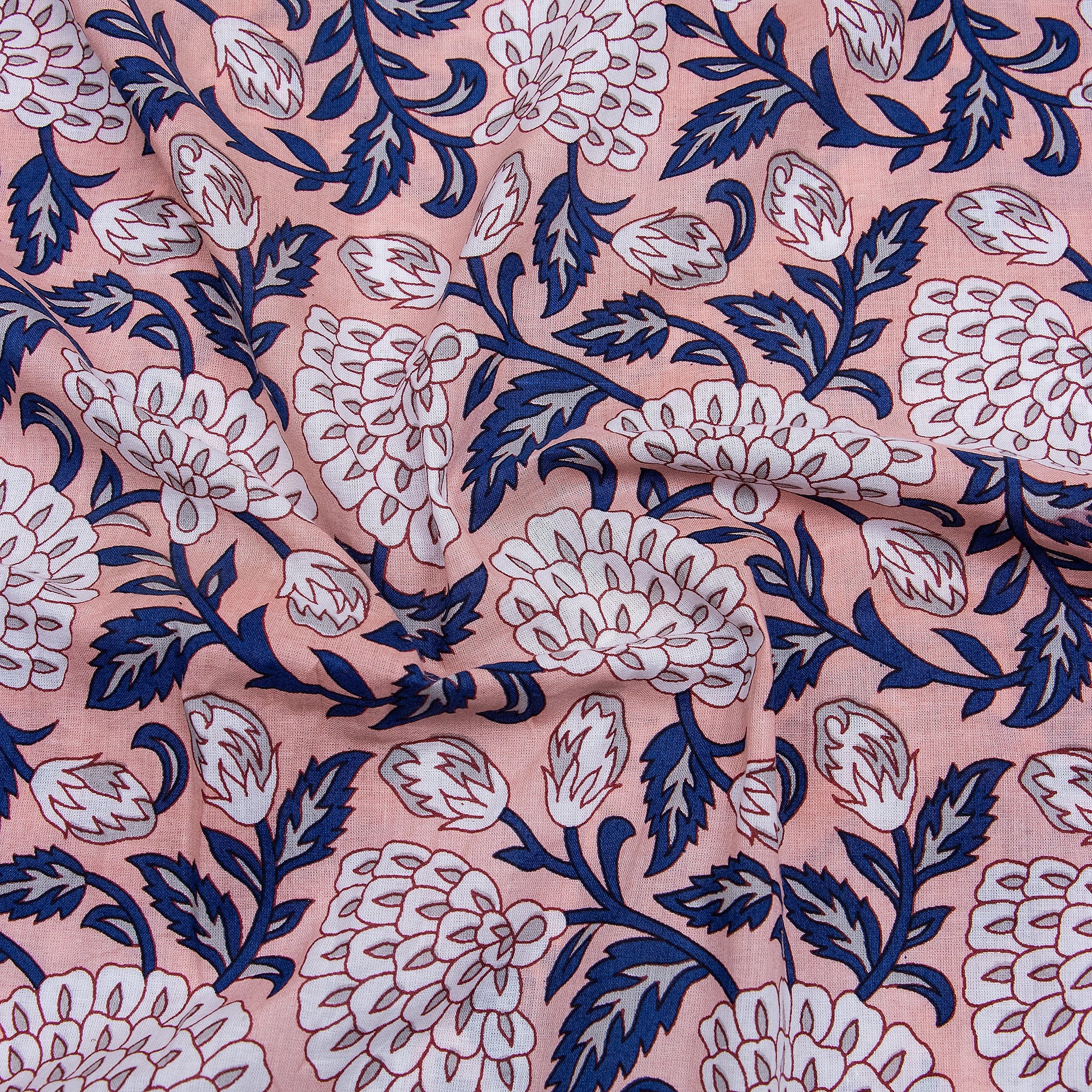 Blue Leaf Printed Hand Block Cotton Fabric