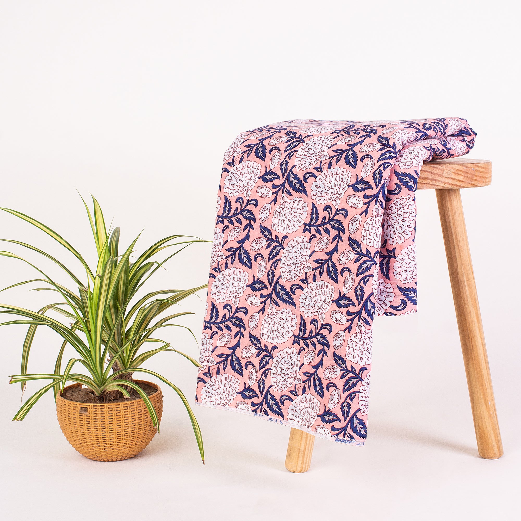 Blue Leaf Printed Hand Block Cotton Fabric
