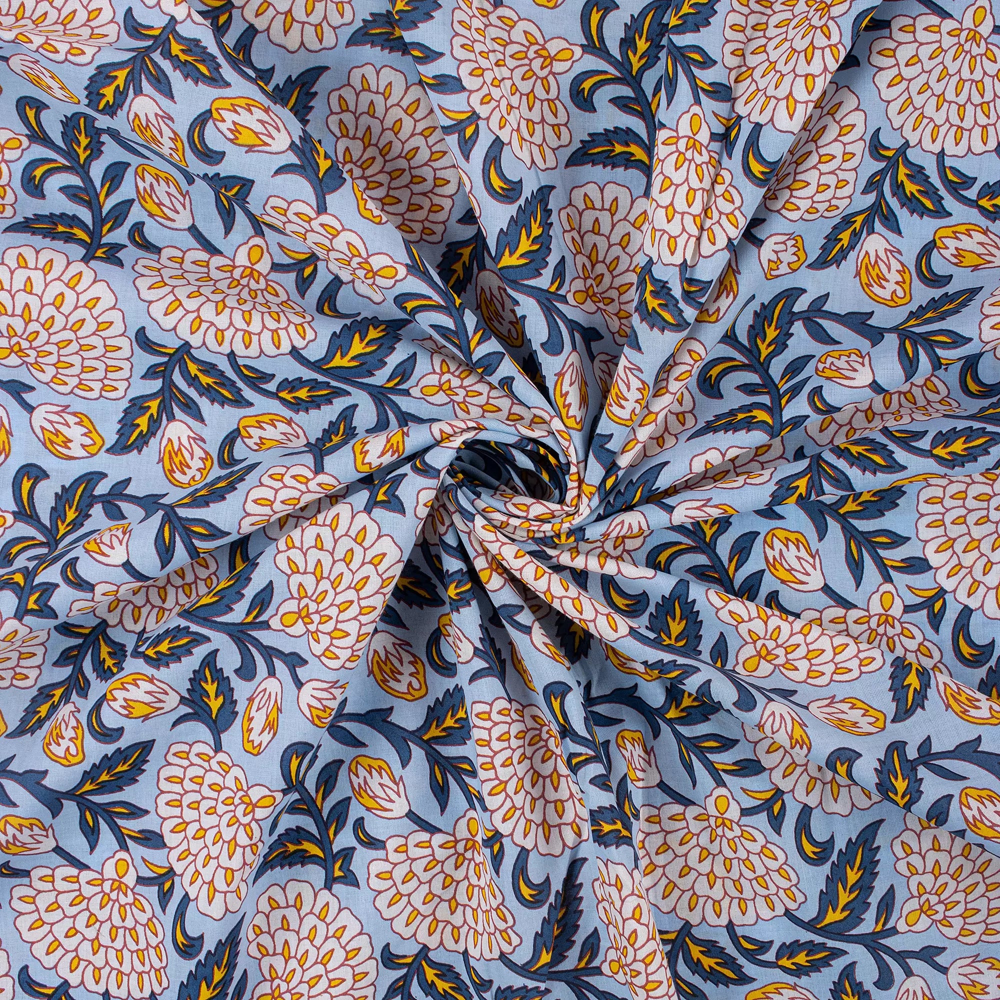 Gray Floral Hand Block Printed Fabric by Yard