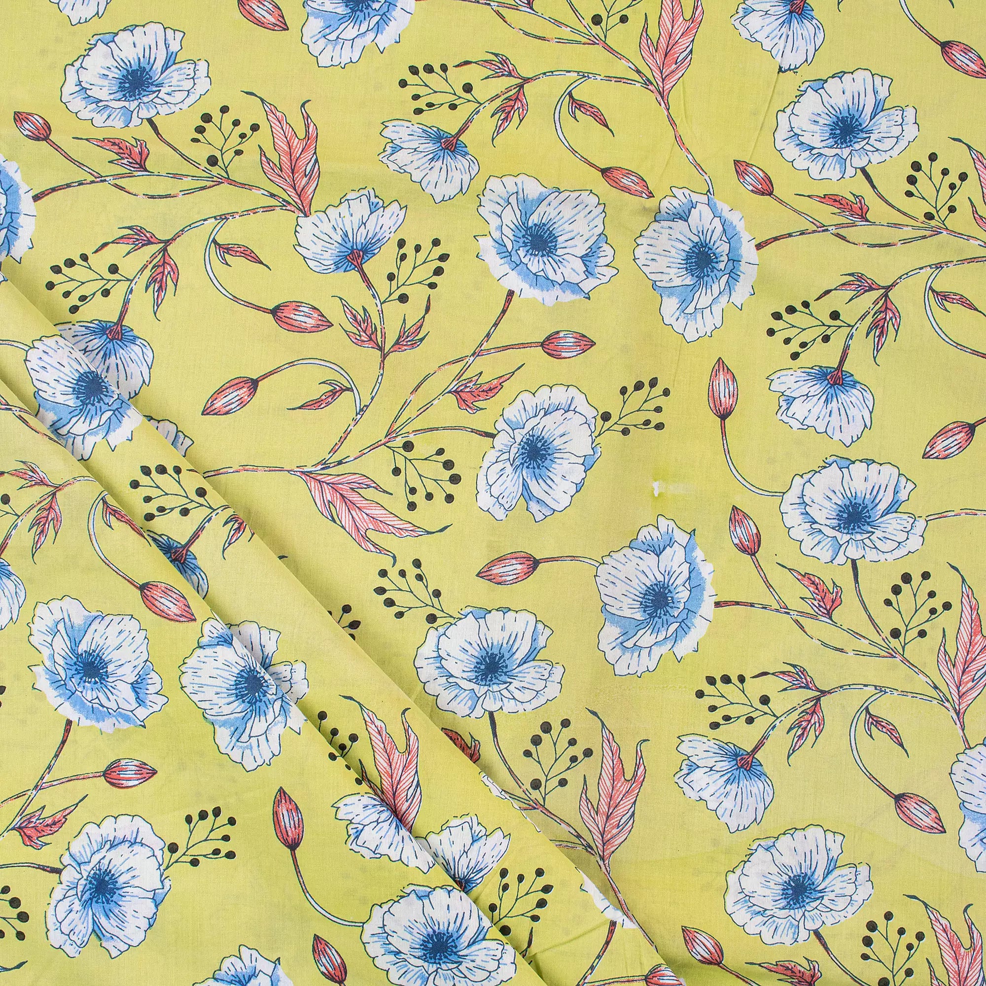 Yellow Floral Hand Block Printed Running Fabric