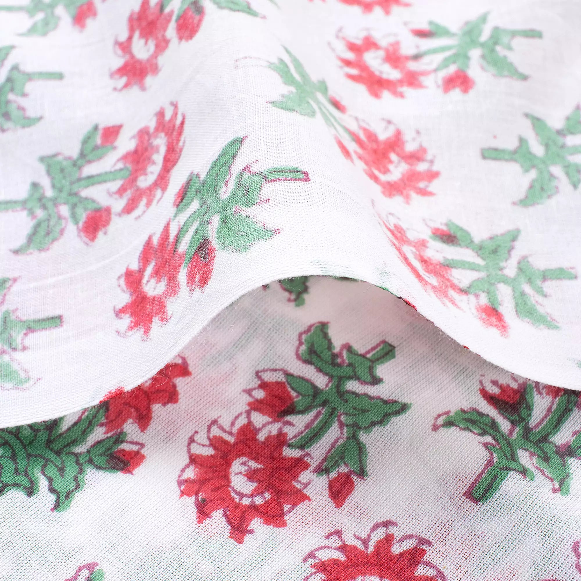 Red Floral Hand Block Printed Cotton Fabric for Clothing