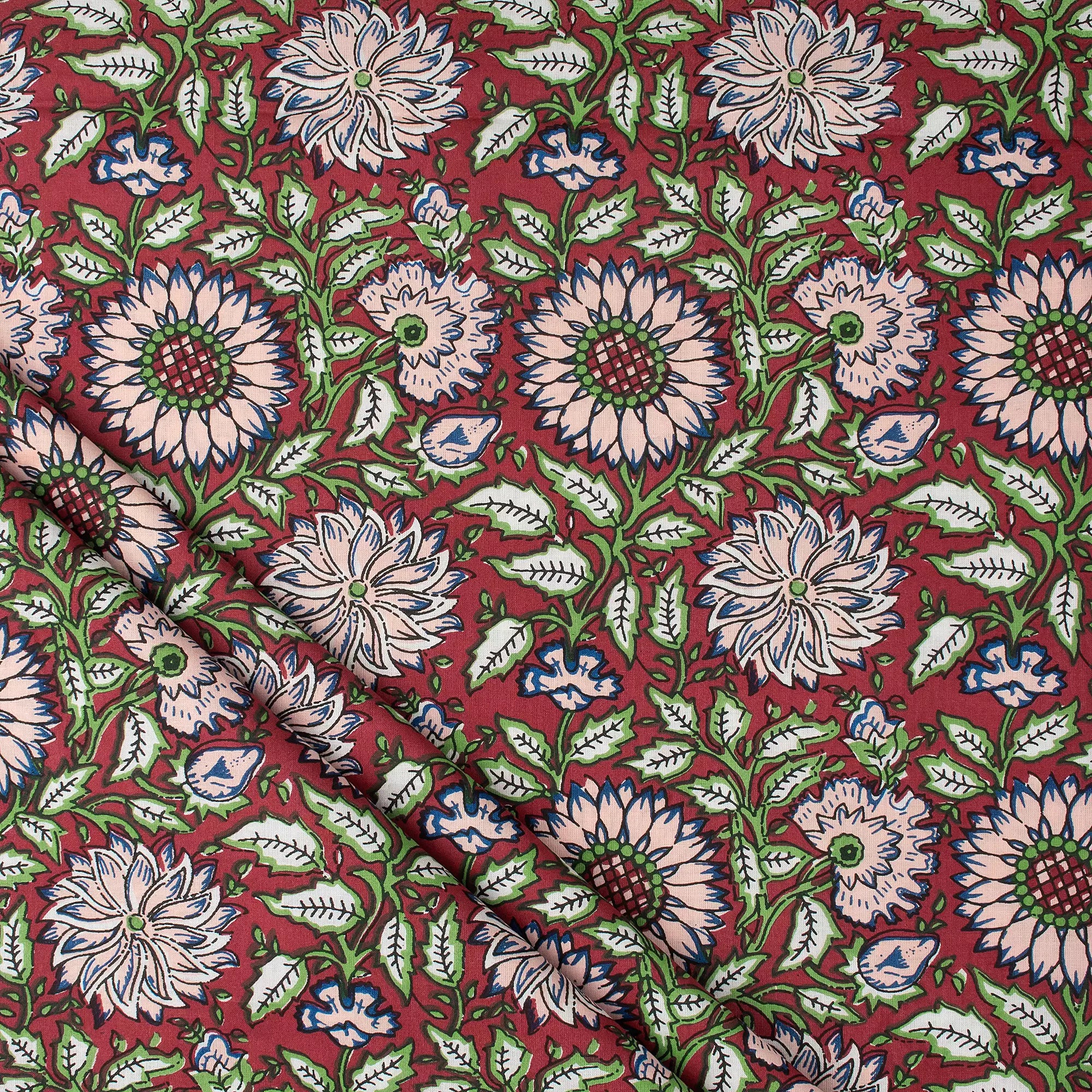 Red Floral Hand Block Printed Organic Cotton Fabric