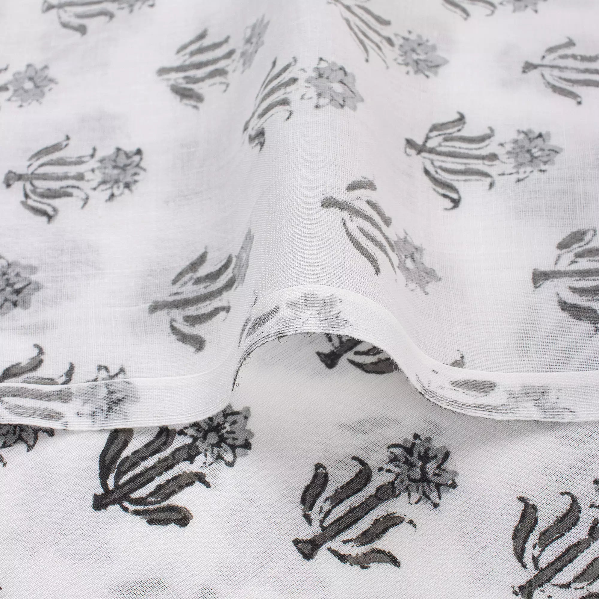 Gray Floral Hand Block Print Fabric for Daily Wear Cloth