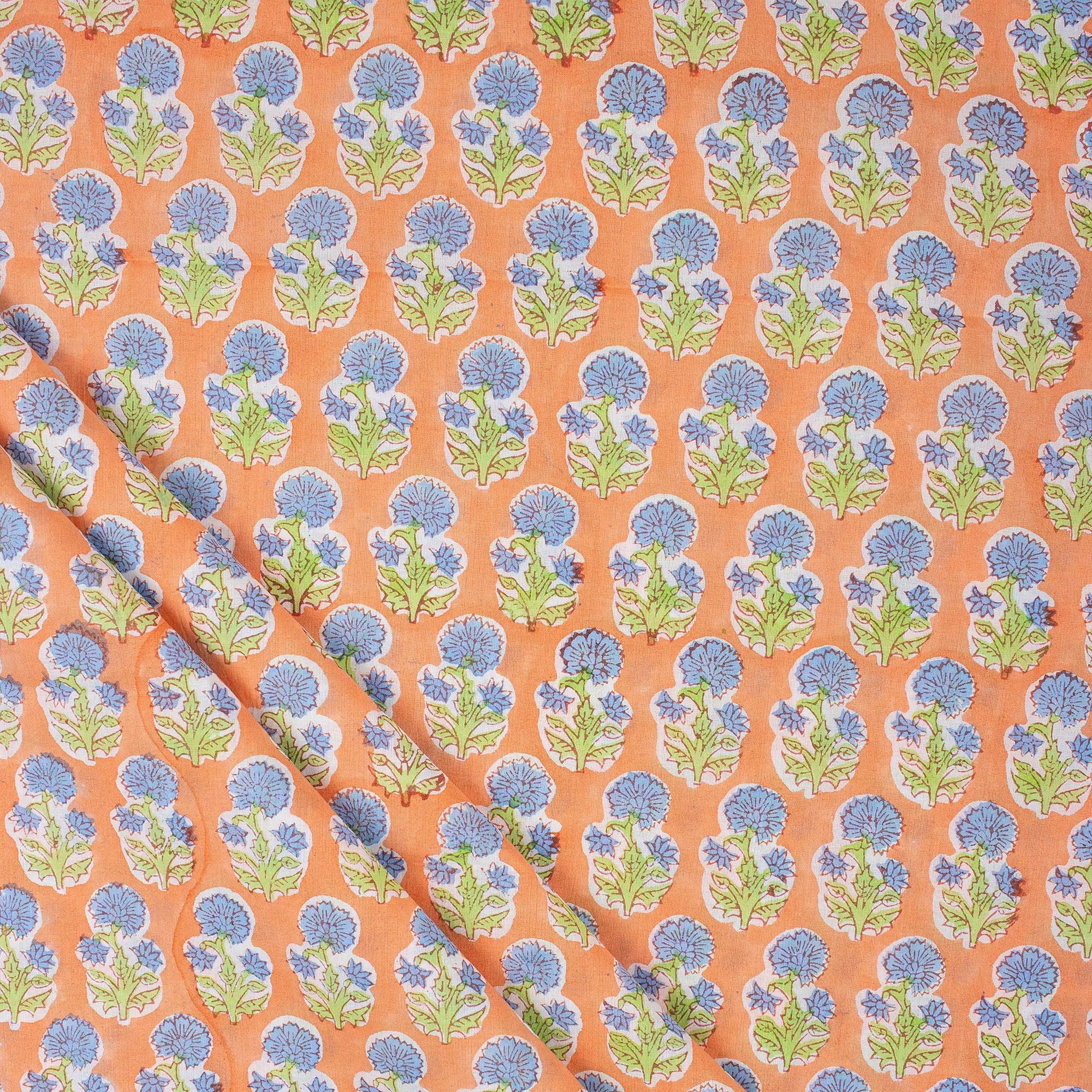 Indian Blue Floral Cotton Hand Block Print Fabric