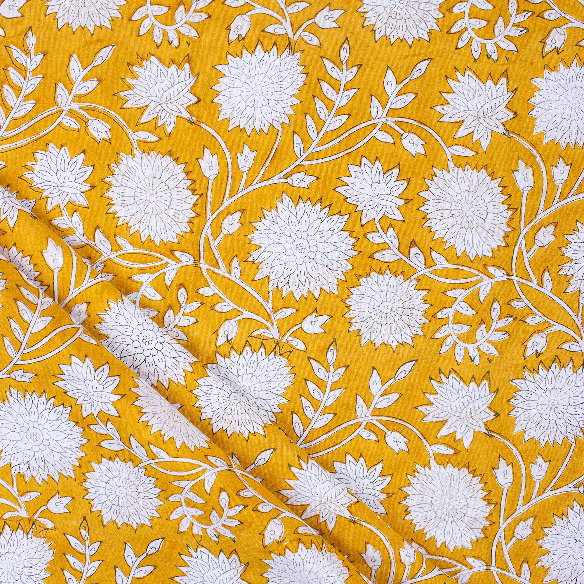 Mustard Yellow Hand Block Printed Floral Fabric