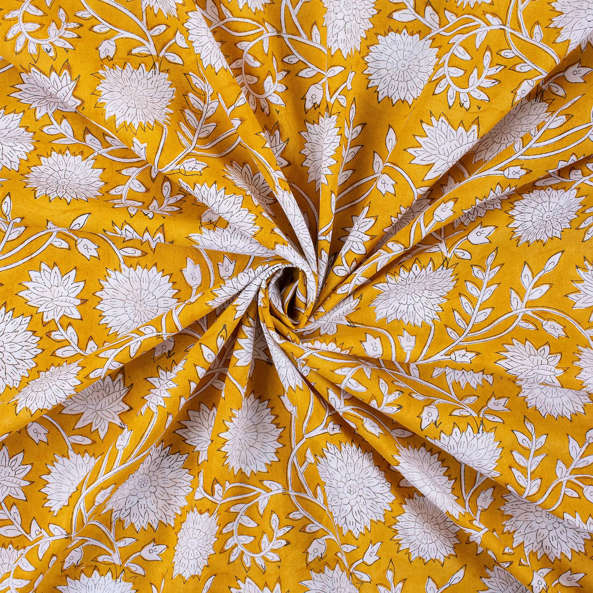 Mustard Yellow Hand Block Printed Floral Fabric