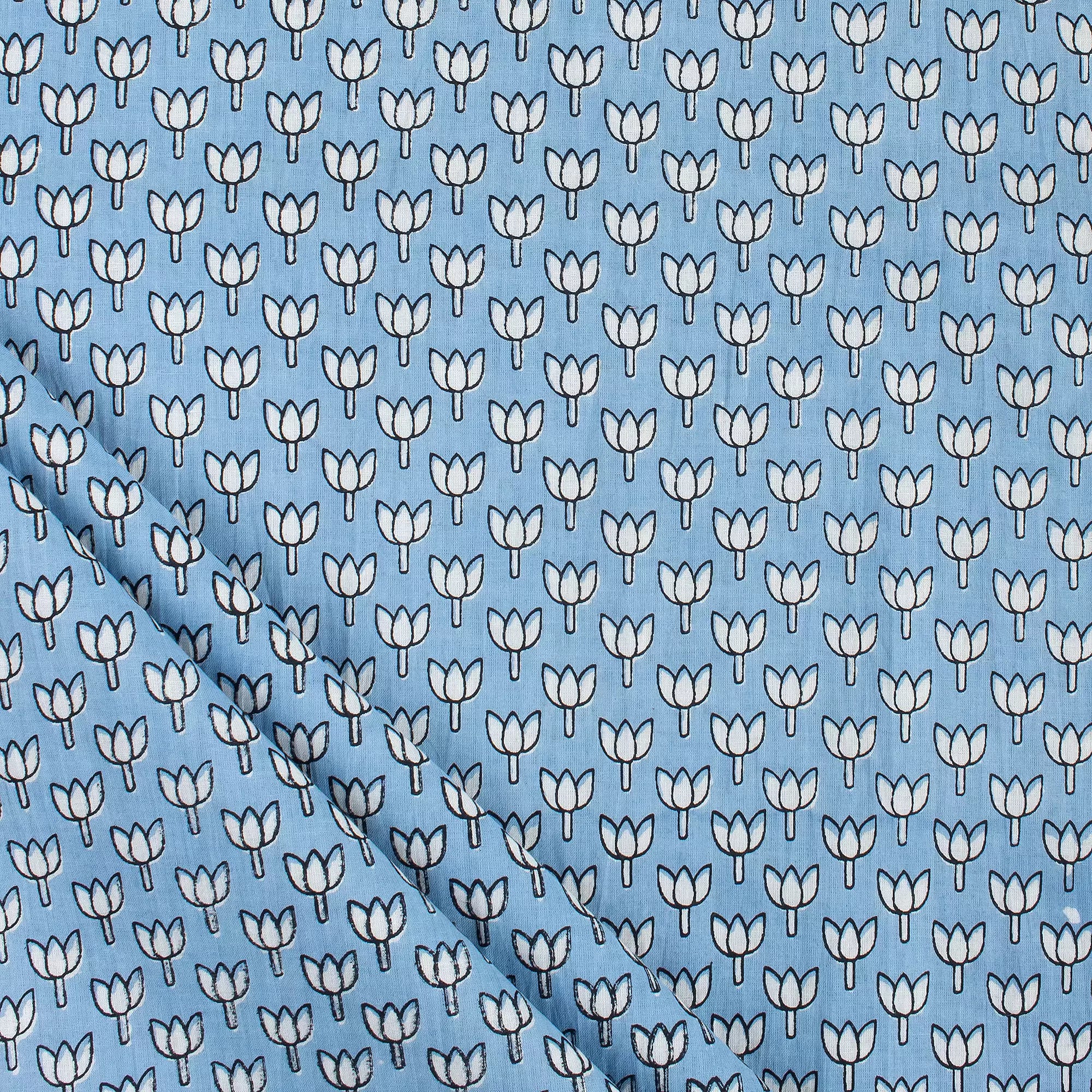 Online Blue Lotus Hand Block Print Fabric for Kurti