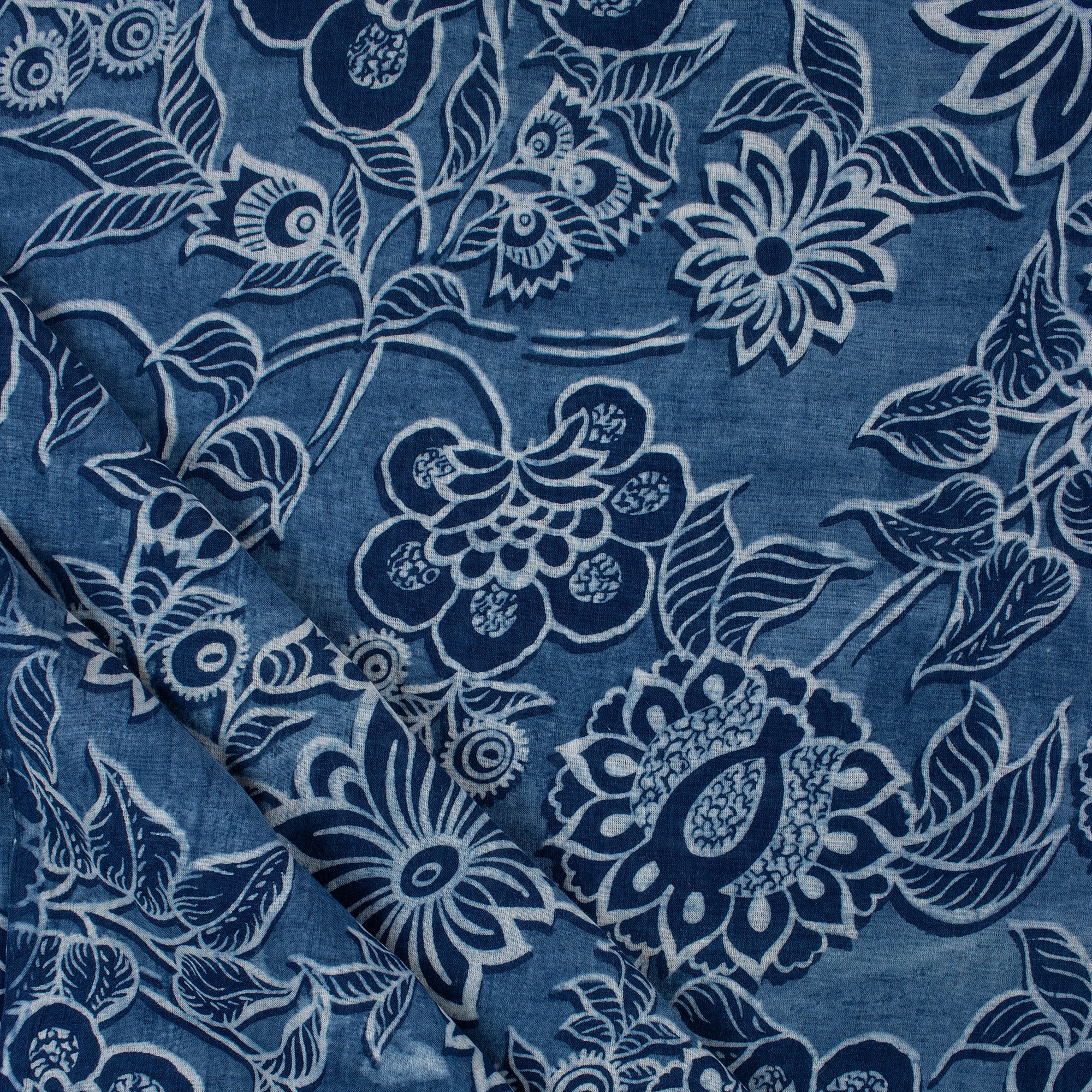 Floral Indigo Blue Hand Block Printed Fabric