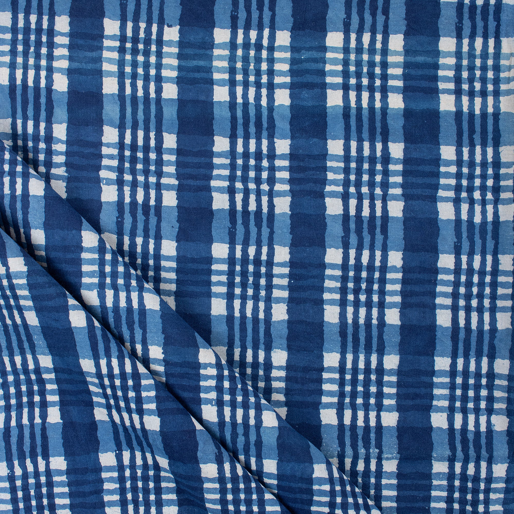 Handmade Indigo Blue Check Printed Cotton Fabric