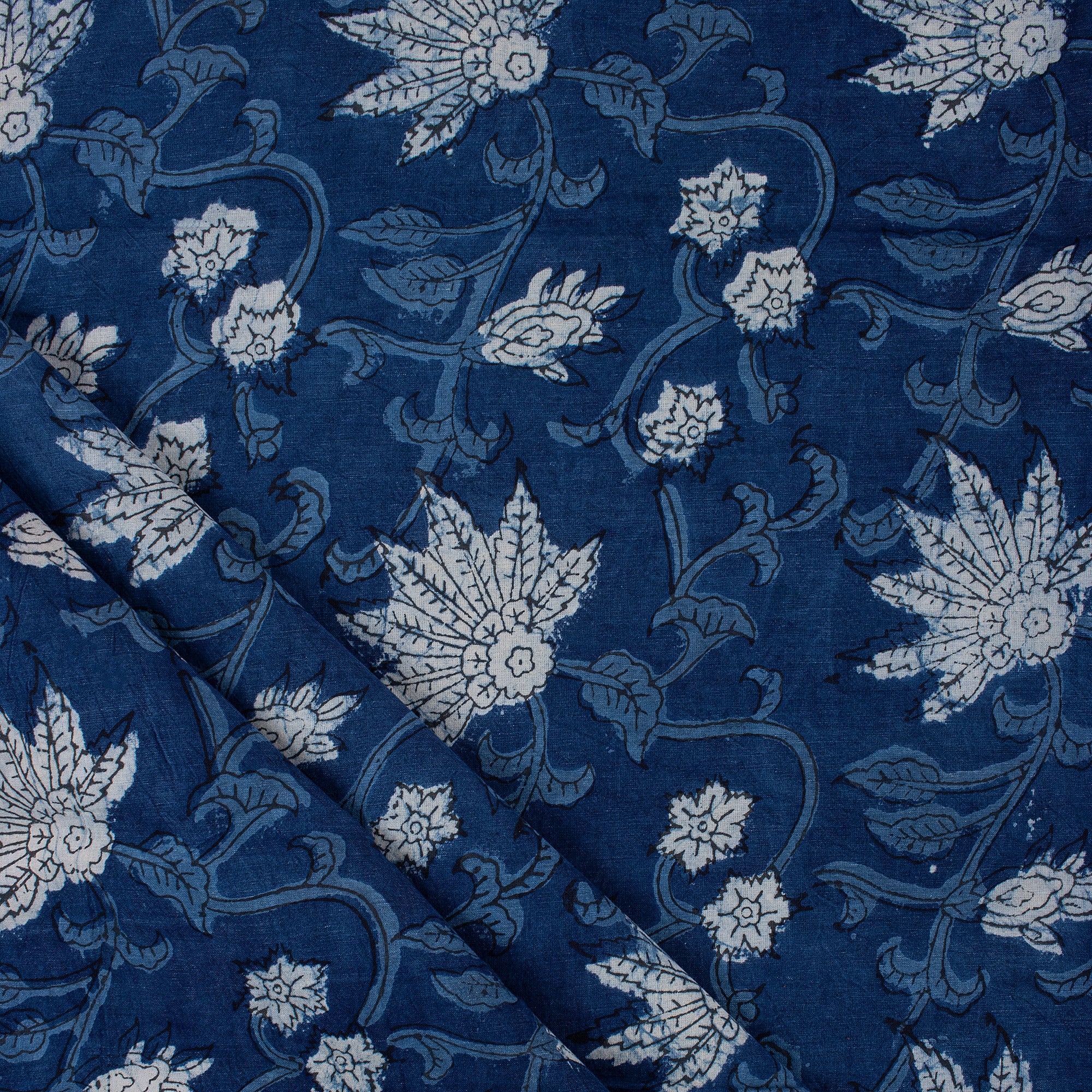 Blue Indigo Dyed Soft Floral Block Printed Fabric