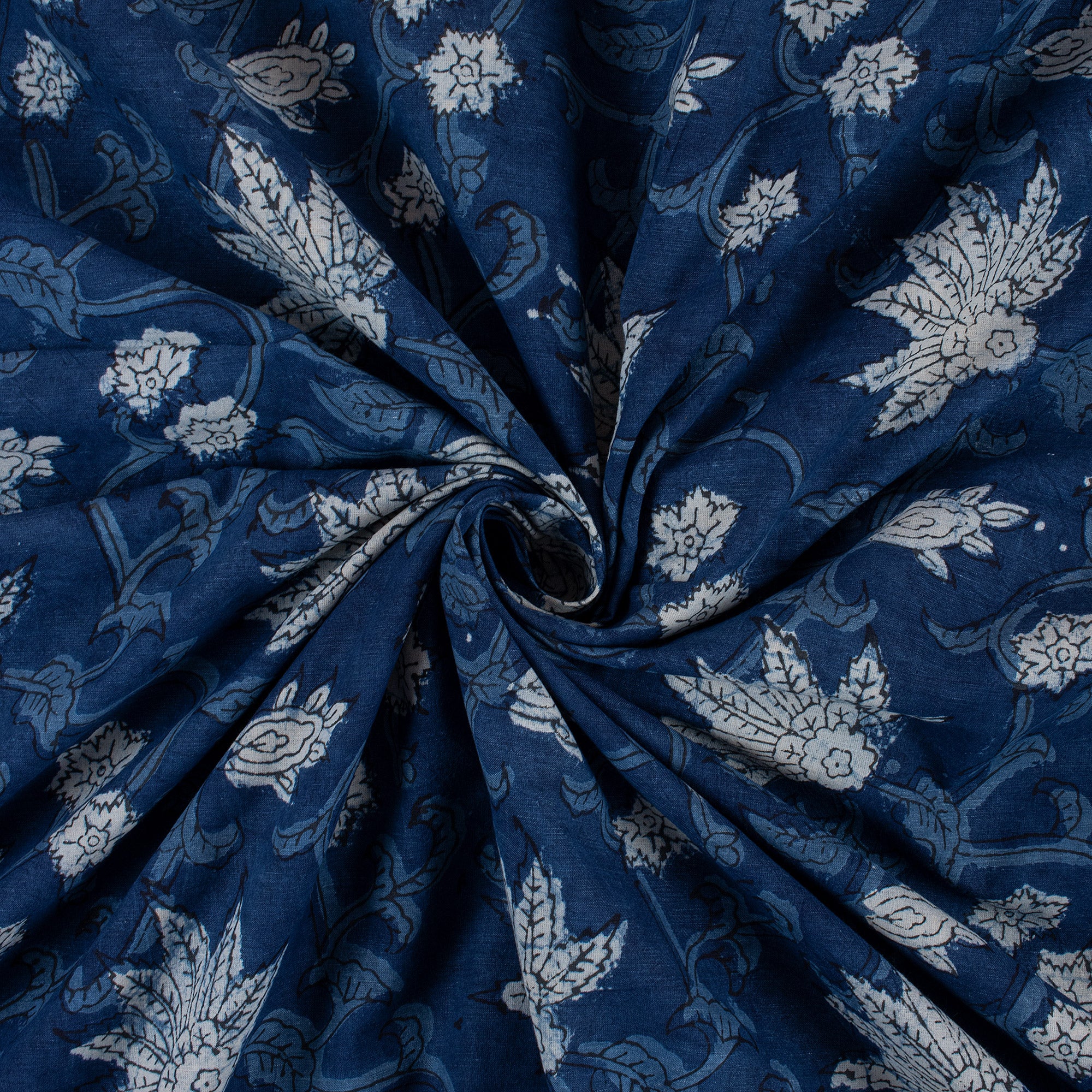 Blue Indigo Dyed Soft Floral Block Printed Fabric