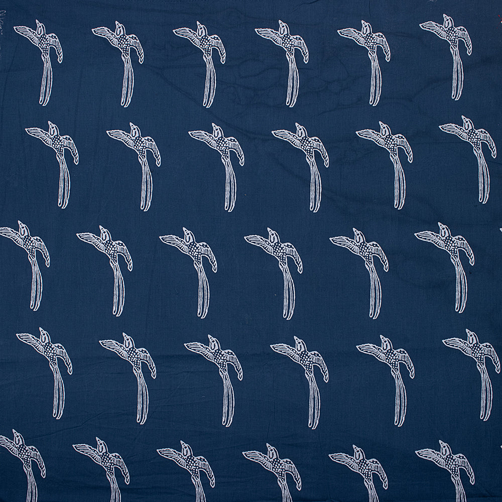 Bird Print Indigo Blue Indian Hand Printed Cotton Fabrics for Kurti