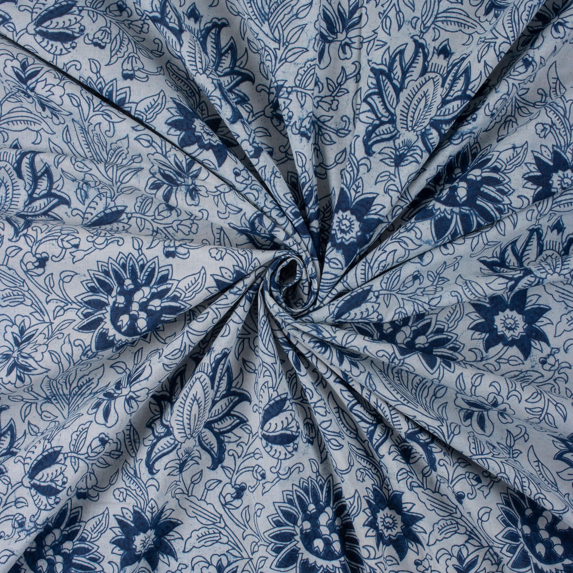 Floral Hand Block Print Indigo Fabric for Dress