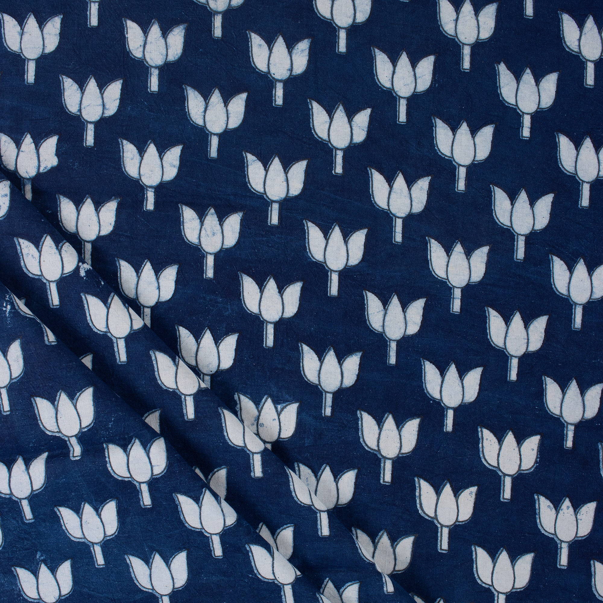 Premium Lotus Flower Hand Block Indigo Print Fabric