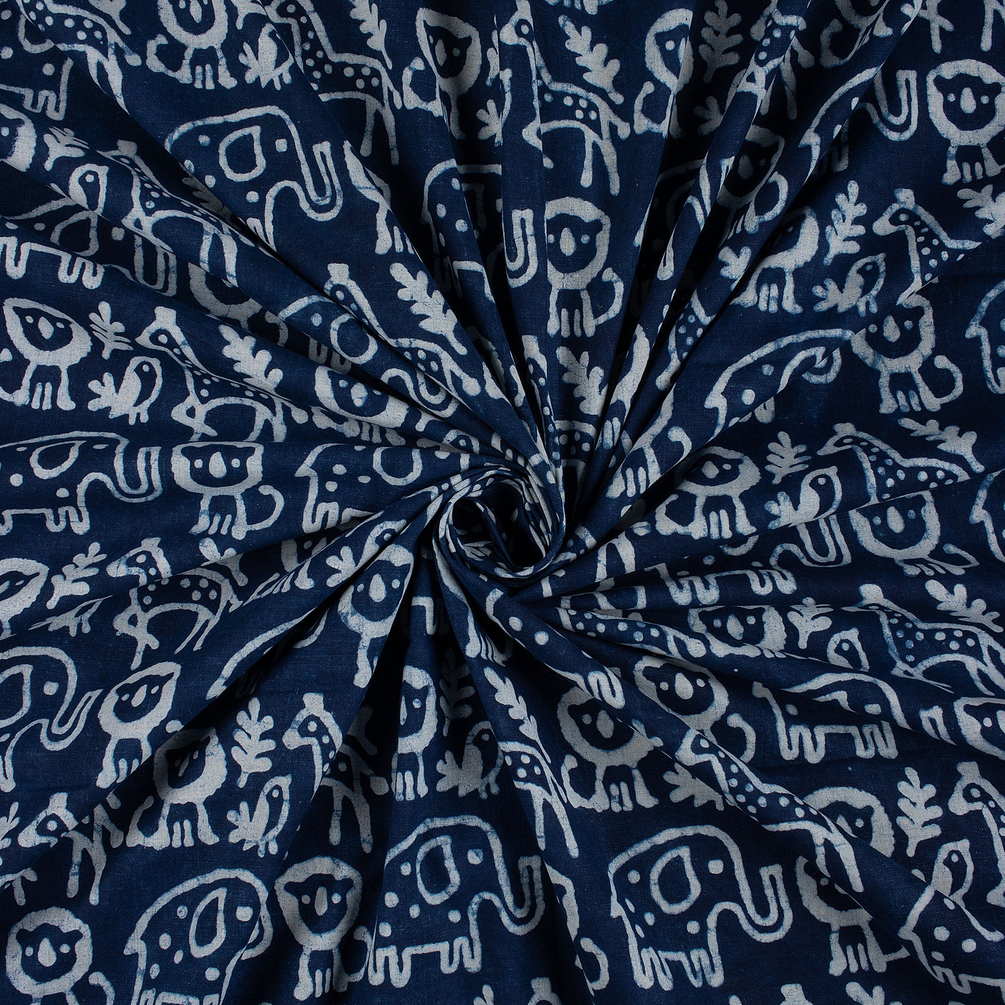 Hand Block Animal Printed Indigo Dye Fabric by the Yard