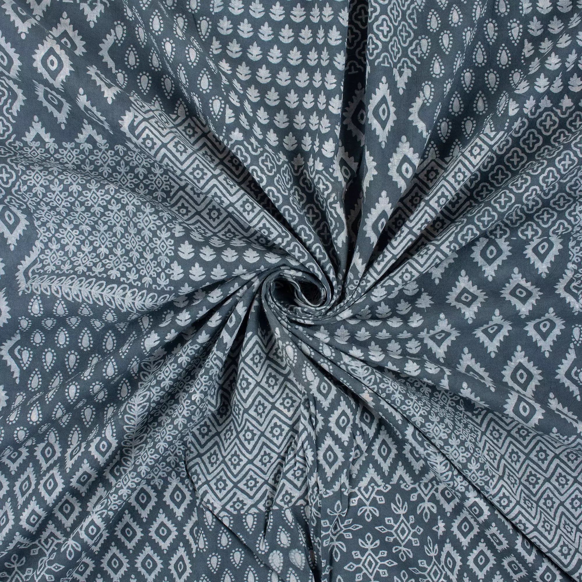 Blue Block Printed Cotton Kashish Fabric