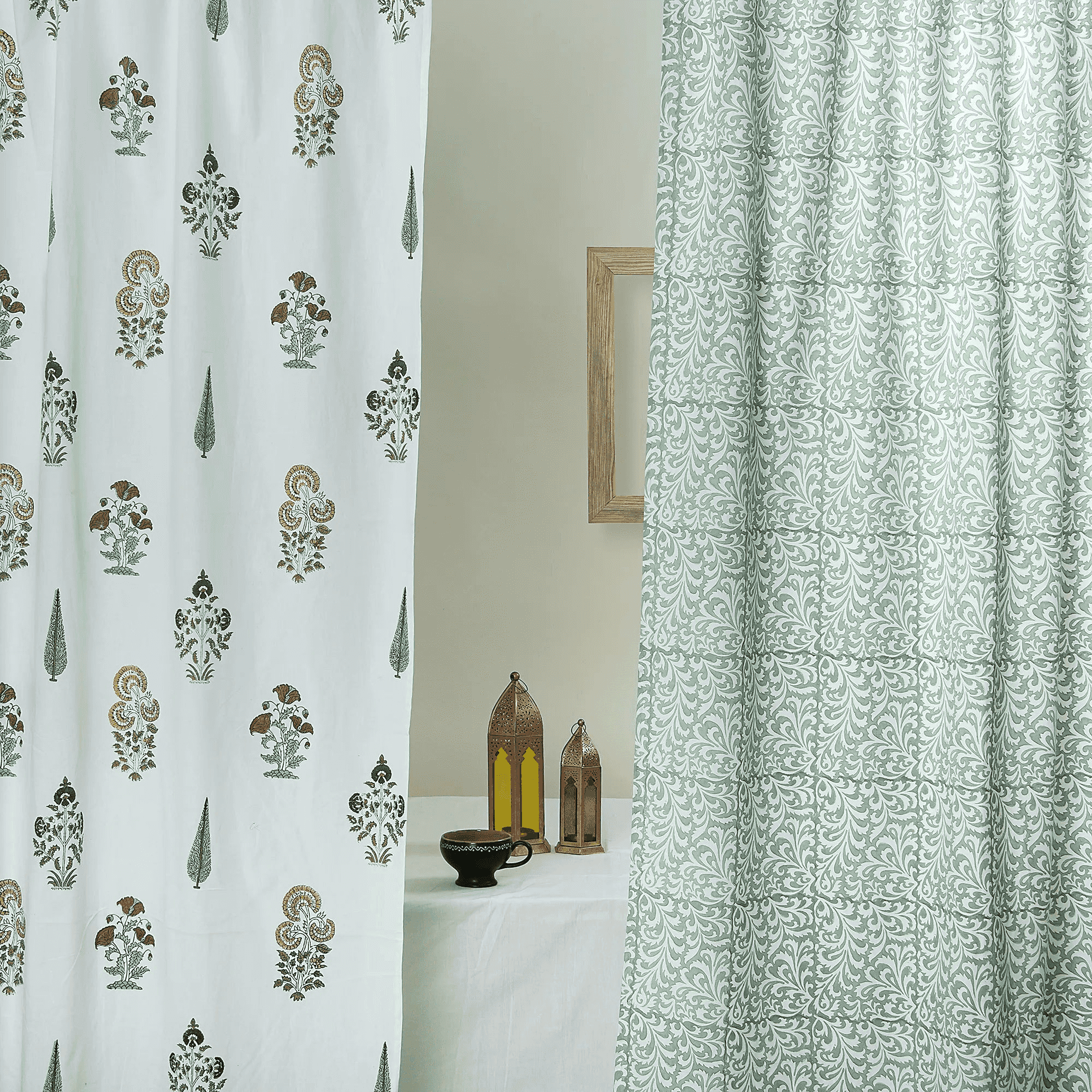 Luxury White Floral Hand Printed Window Curtains Set of 2