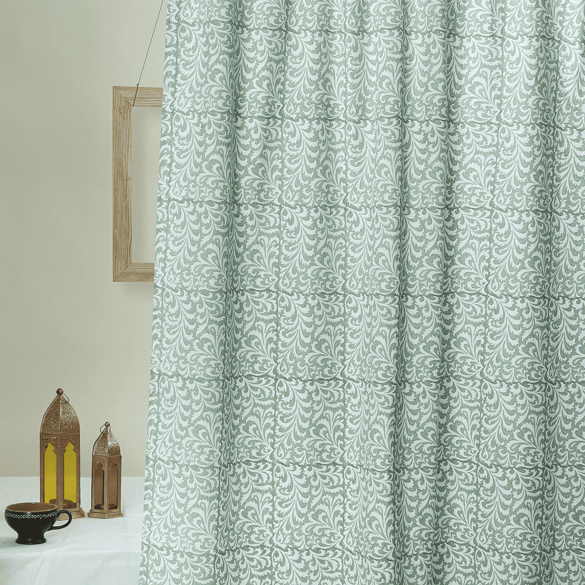 Luxury White Floral Hand Printed Window Curtains Set of 2