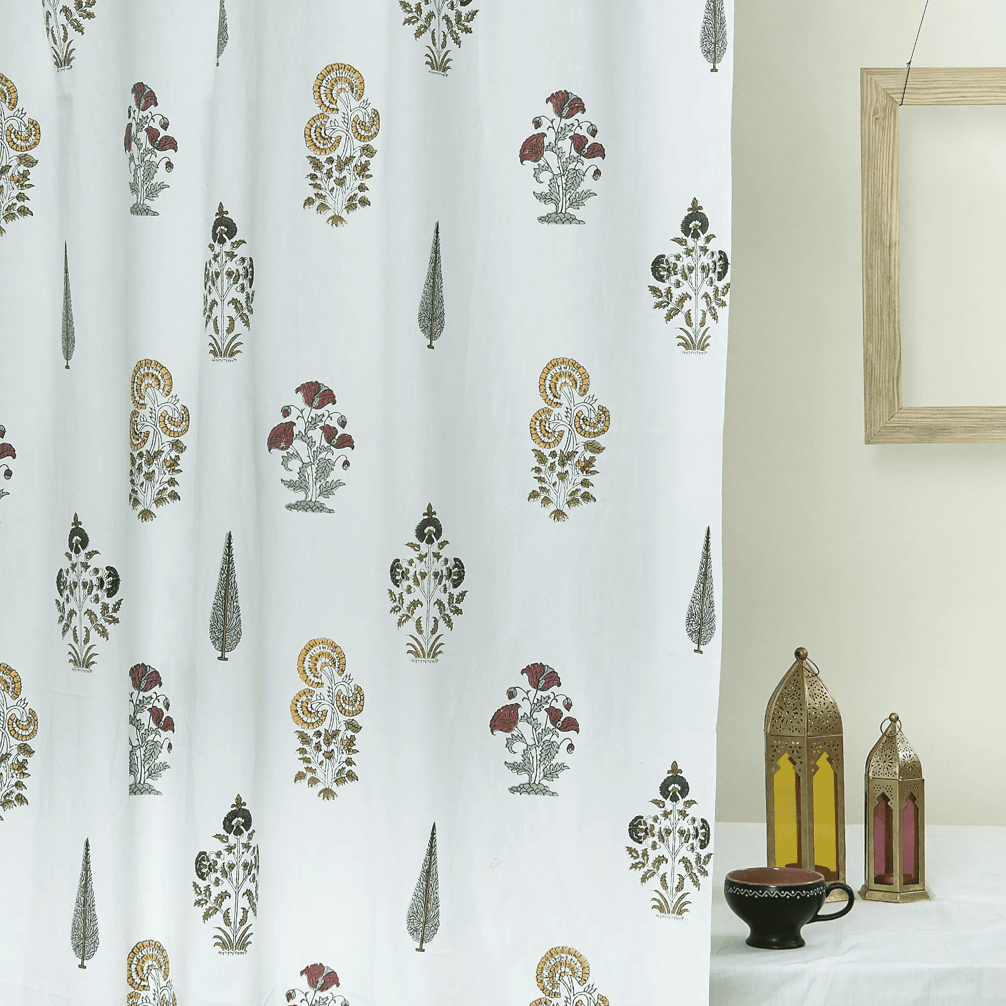 Luxury White Floral Hand Printed Window Curtains Set of 2