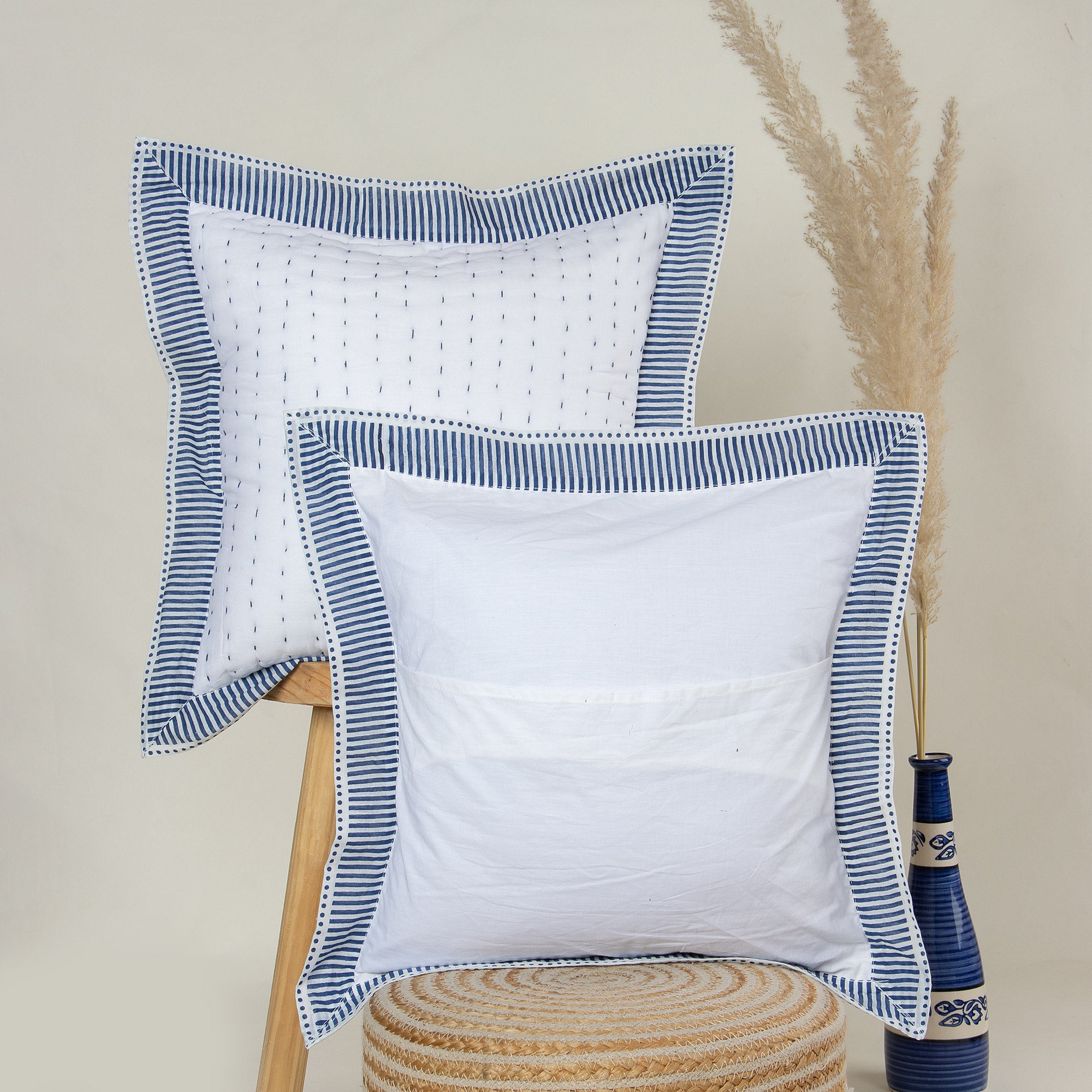 Indian Hand Kantha Stitched Cotton Blue Stirped Pillow Covers