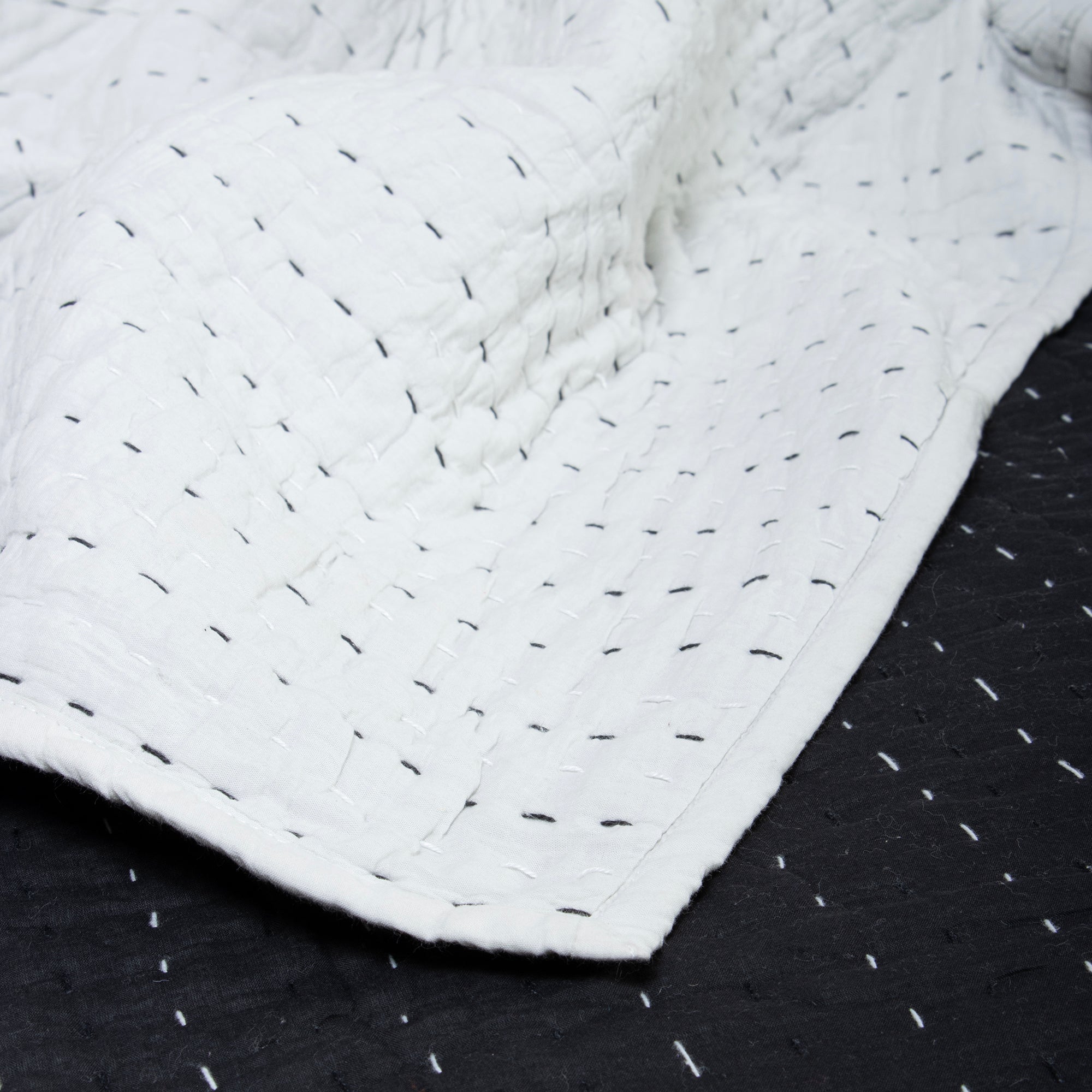 Modern Solid Black Hand Stitched Cotton Kantha Quilt Blanket