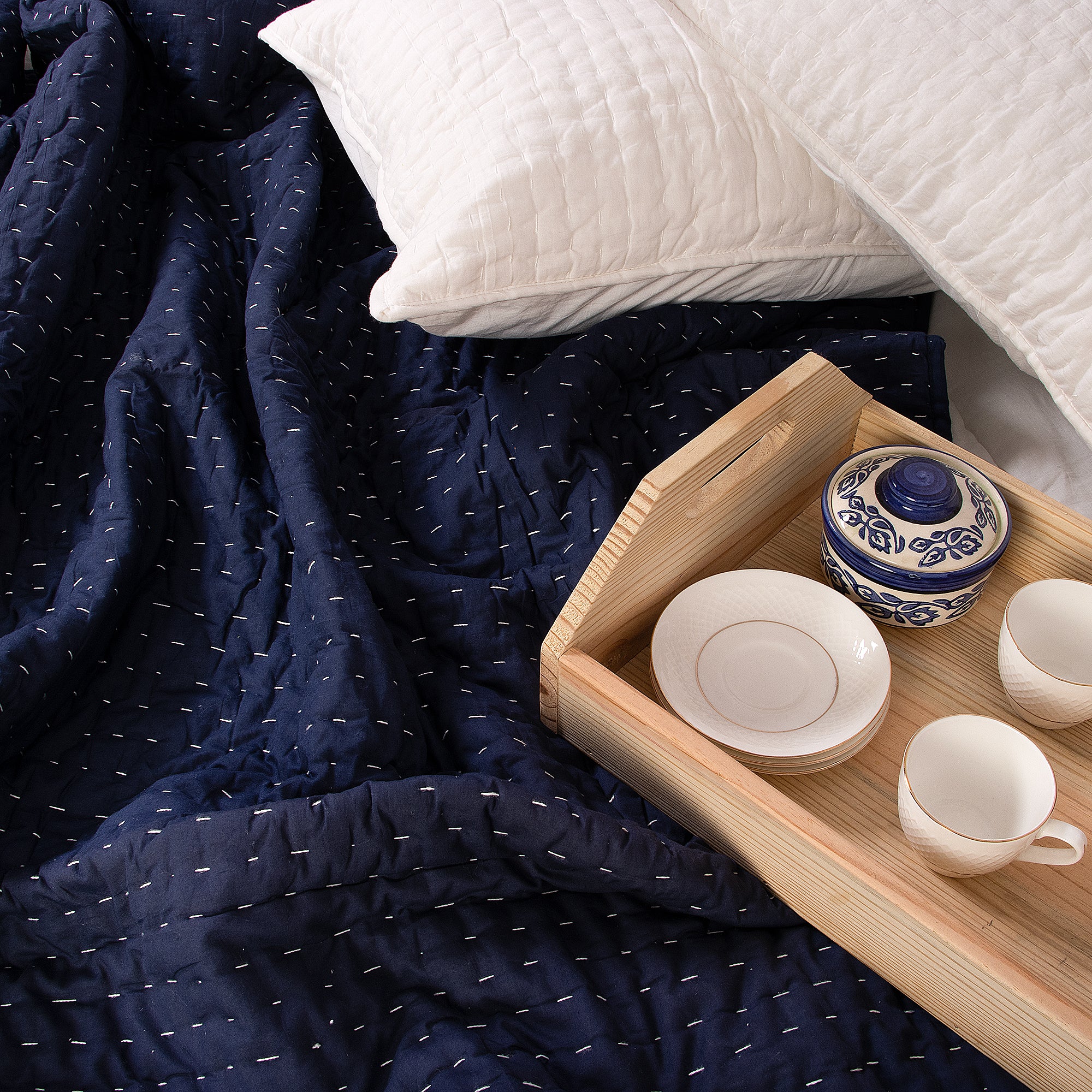 Blue Stitched Cotton Indian Kantha Quilt Blanket