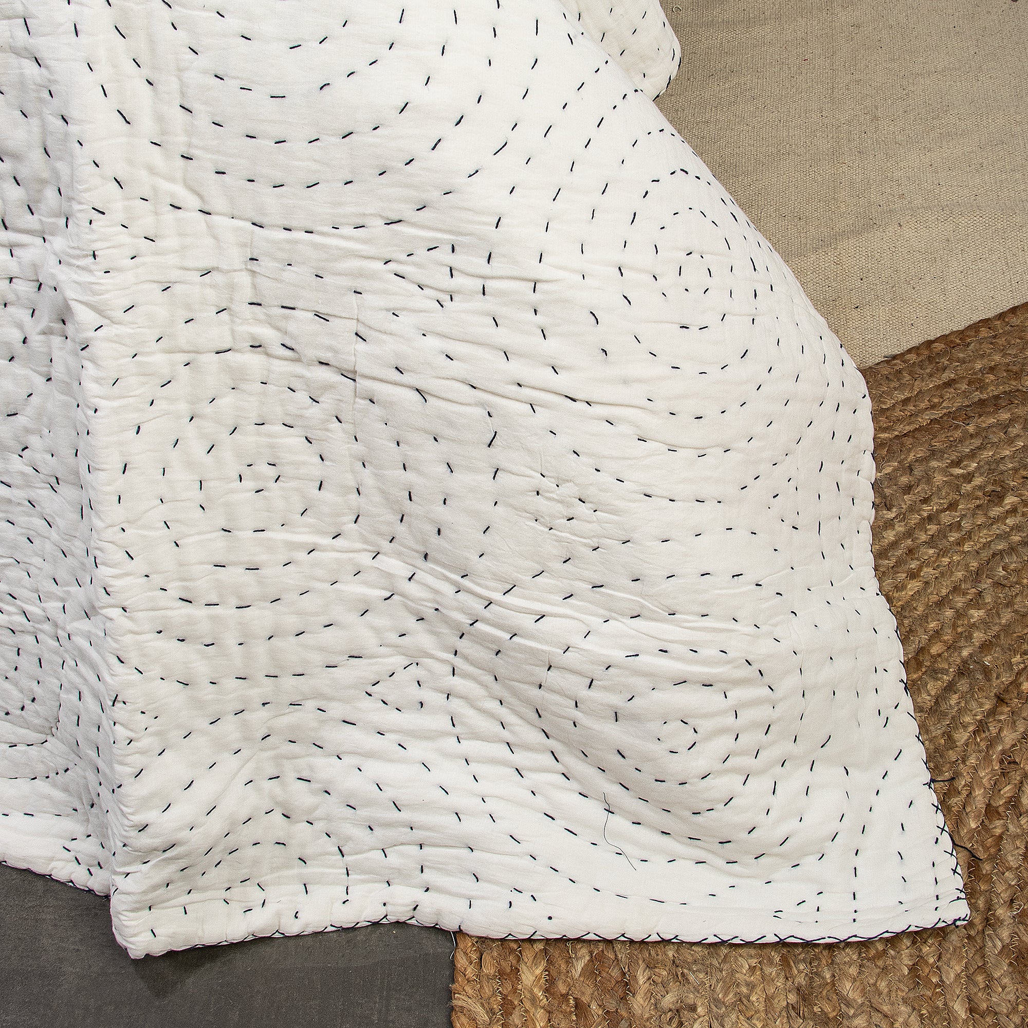 Light Weighted White Natural Cotton Kantha Quilt Blanket