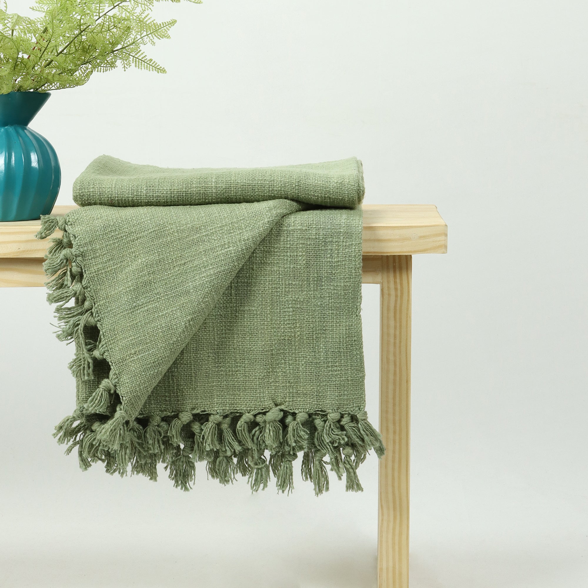 Indian Solid Green Handcrafted Pure Cotton Throw Blanket for Travelling