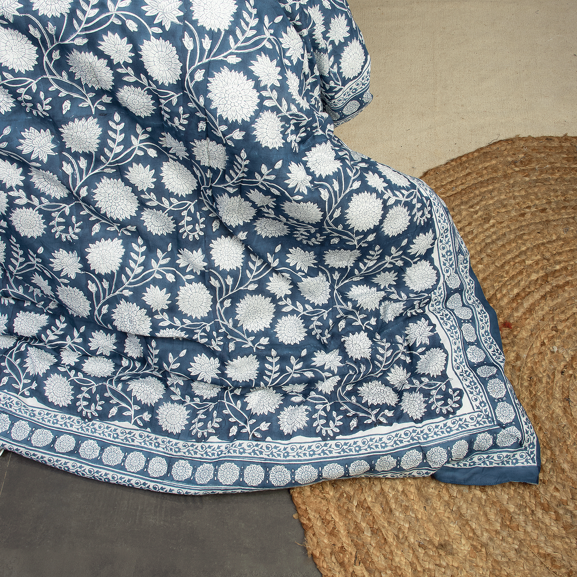 Floral Print Soft Cotton Blue Duvet Cover & Shams