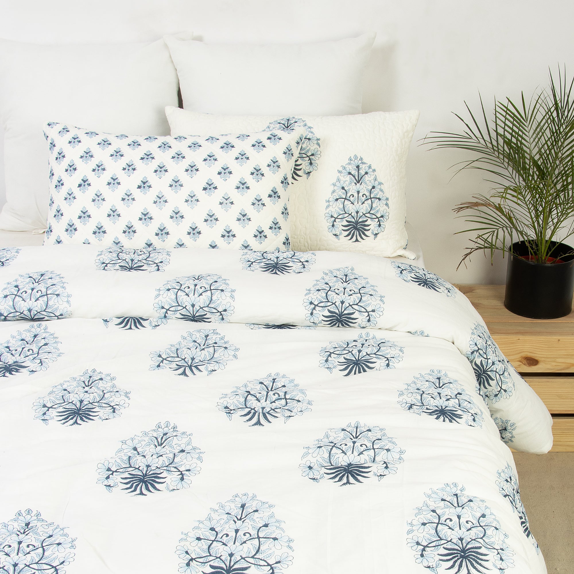 Modern Reversible Indian Hand Block Printed Blue Floral Full Size Duvet Cover