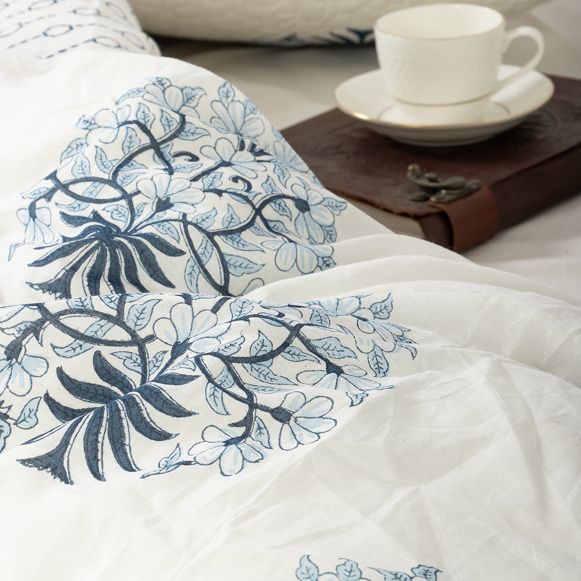 Modern Reversible Indian Hand Block Printed Blue Floral Full Size Duvet Cover