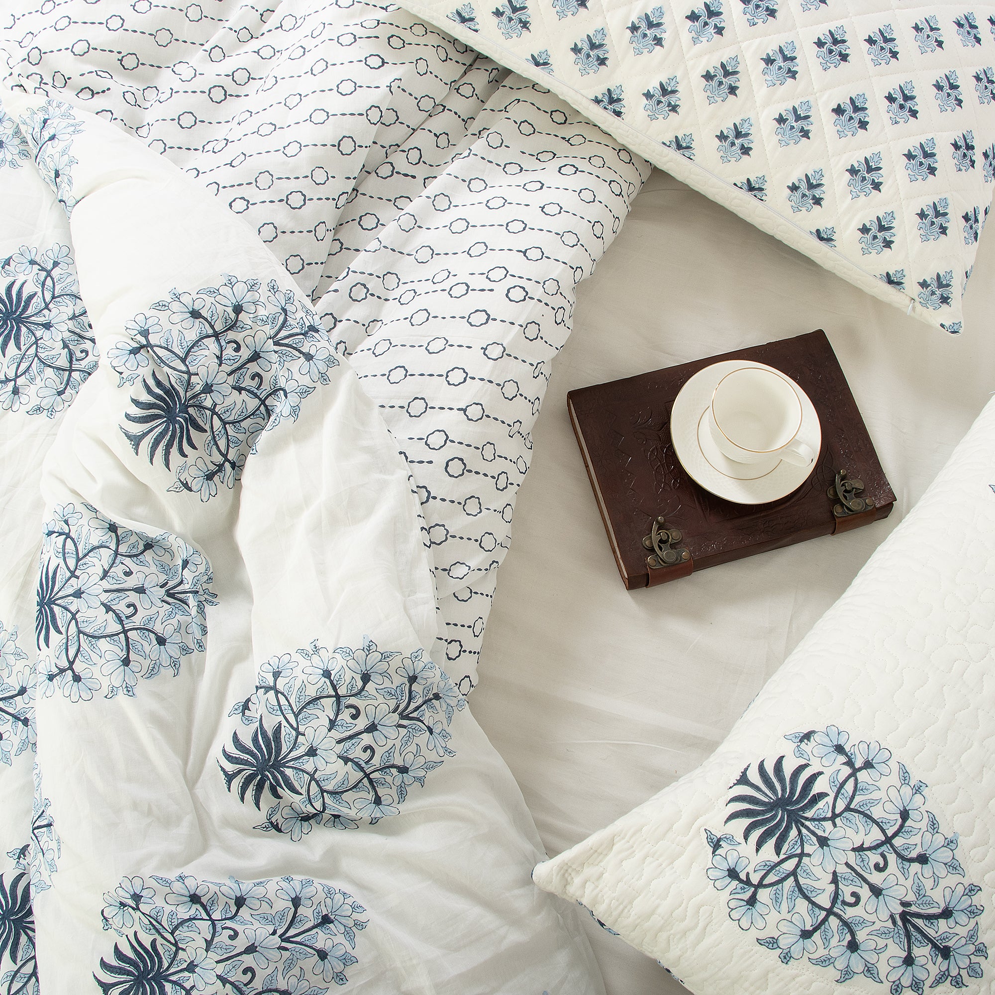 Modern Reversible Indian Hand Block Printed Blue Floral Full Size Duvet Cover
