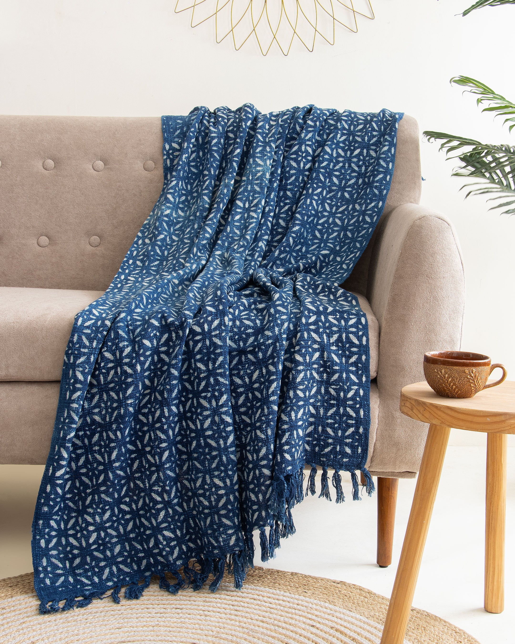 Stylish Sofa Indigo Cotton Outdoor Throw Blanket For Living Room
