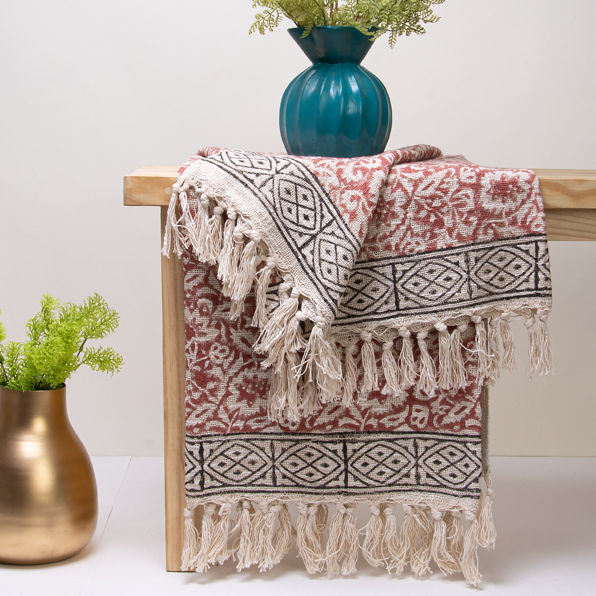 Christmas Red Floral Indian Hand Block Printed Soft Cotton Couch Throw Blankets