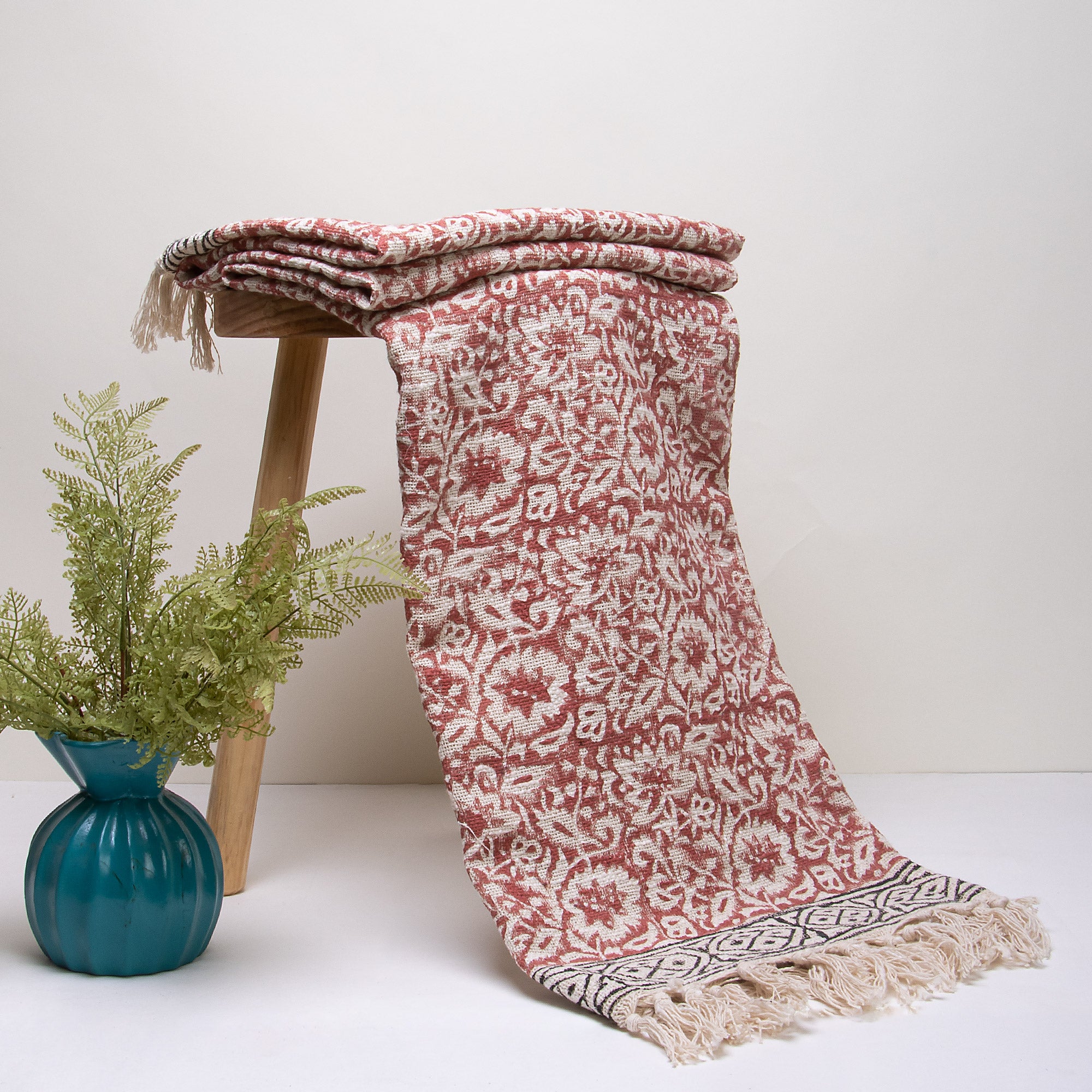 Christmas Red Floral Indian Hand Block Printed Soft Cotton Couch Throw Blankets
