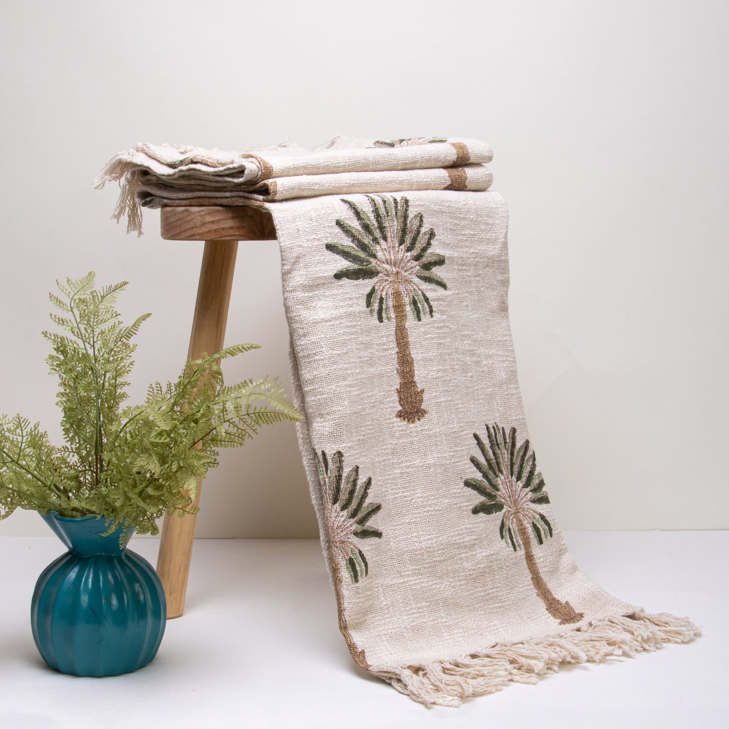 Organic Green Palm Tree Indian Block Printed Cotton Throw Blanket for Sofa