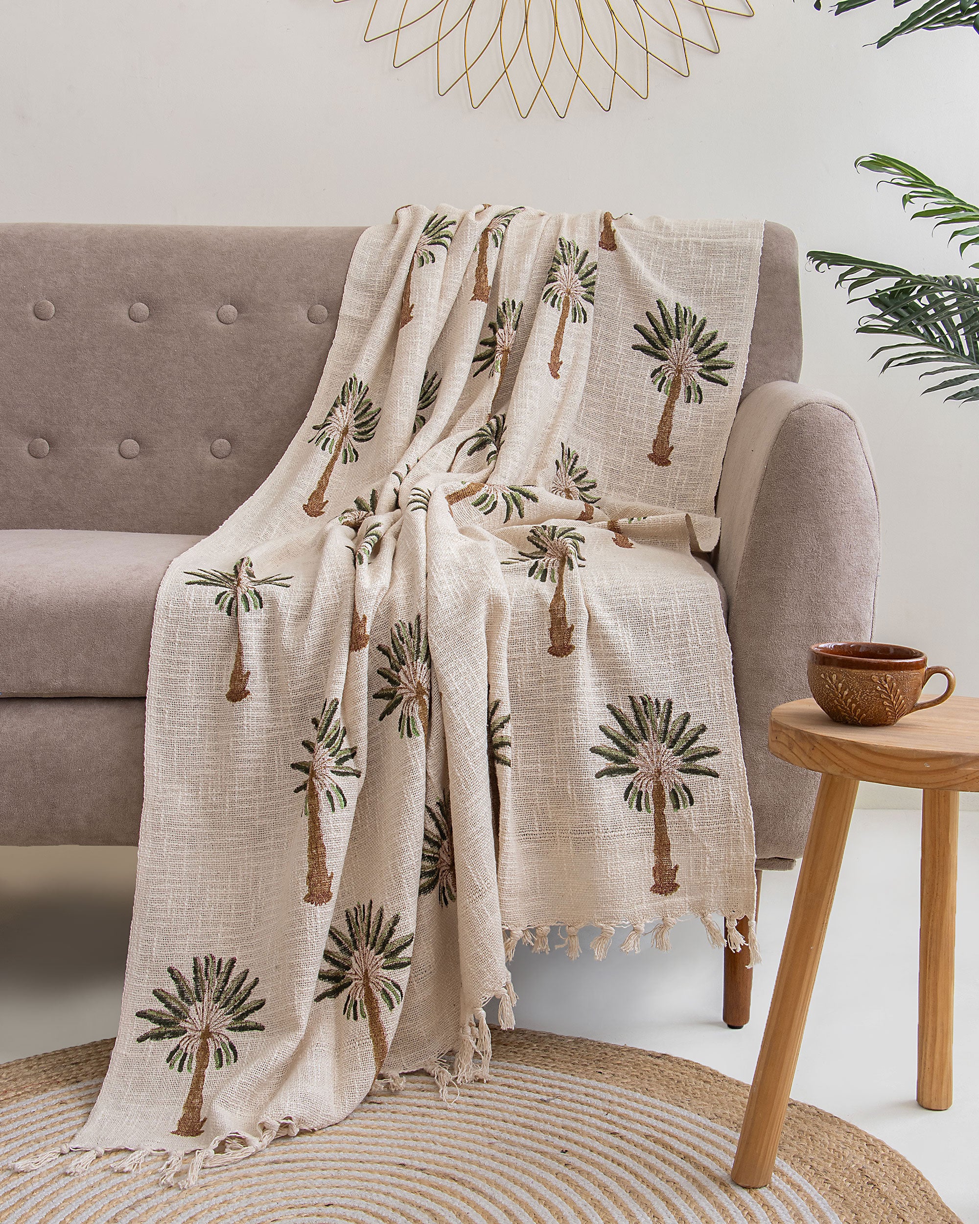 Organic Green Palm Tree Indian Block Printed Cotton Throw Blanket for Sofa
