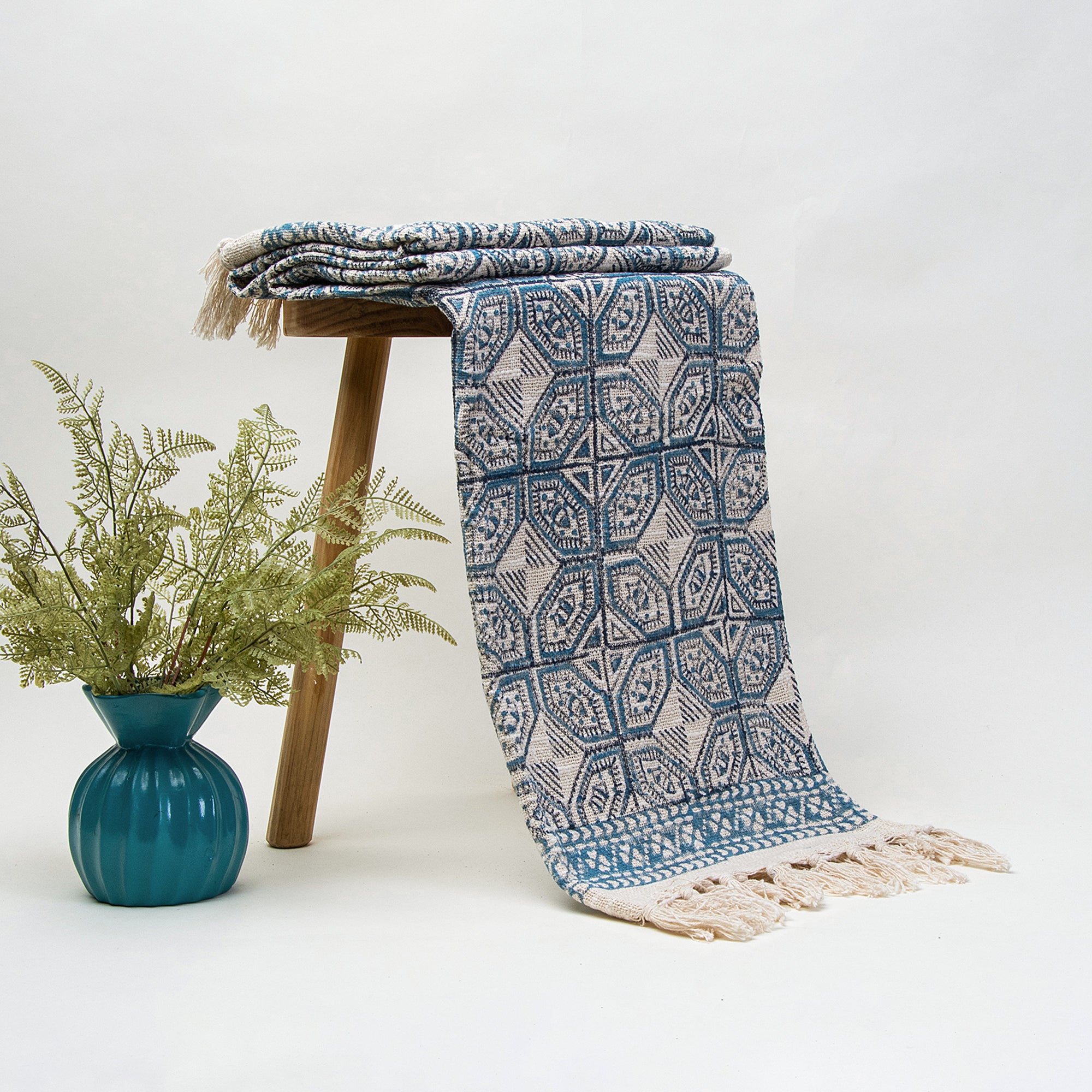 Geometrical Blue Hand Printed Pure Cotton Throw Blankets for Sofa