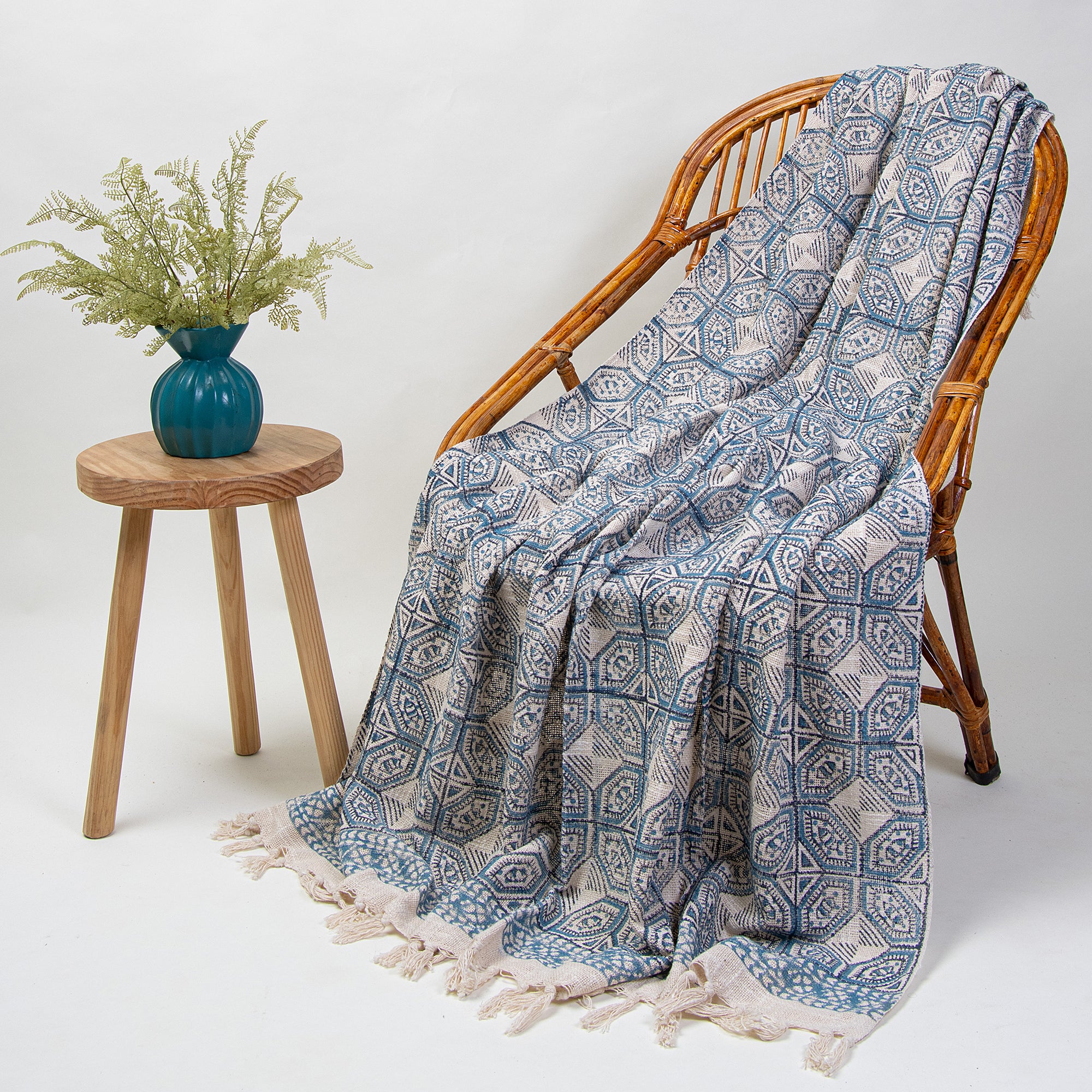Geometrical Blue Hand Printed Pure Cotton Throw Blankets for Sofa
