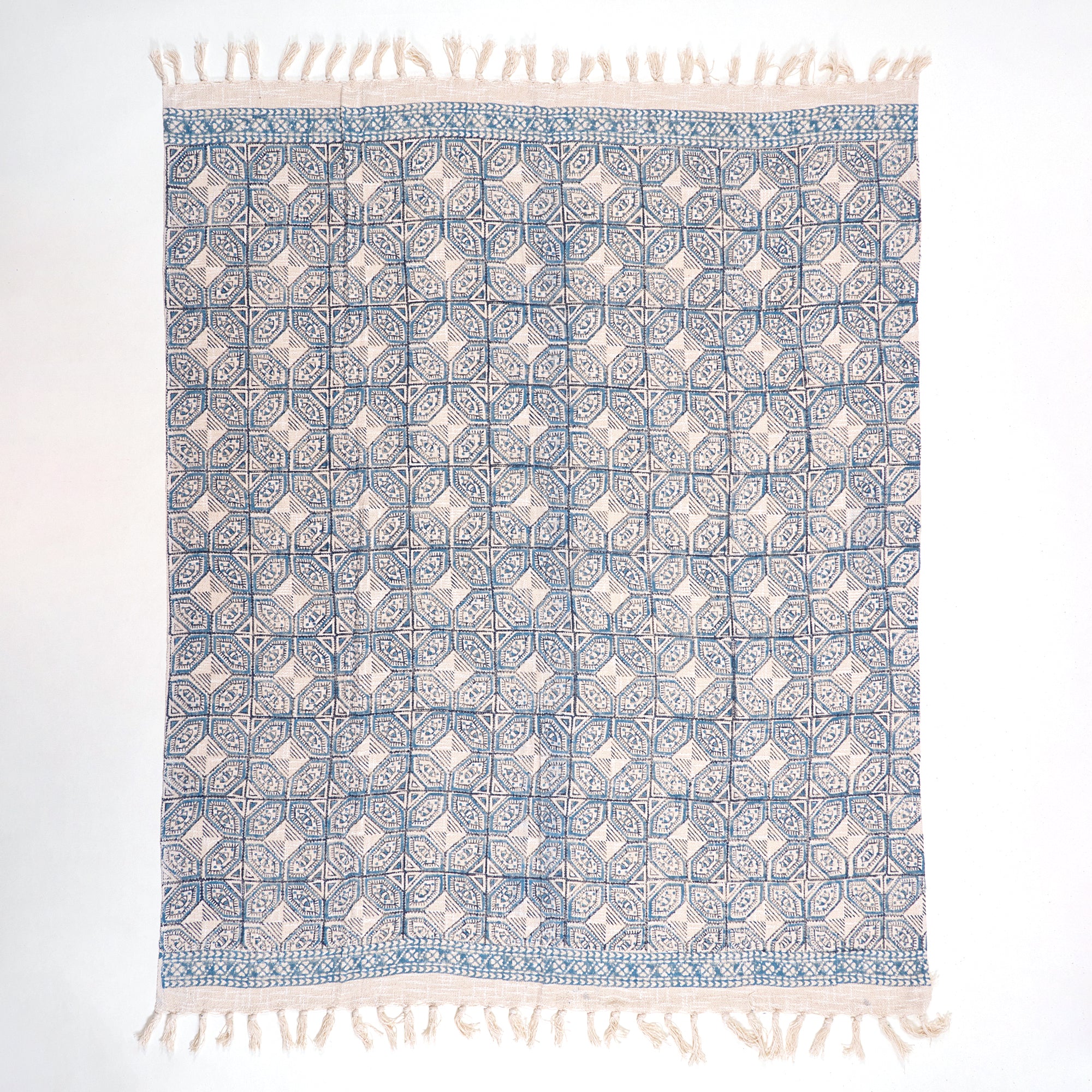 Geometrical Blue Hand Printed Pure Cotton Throw Blankets for Sofa